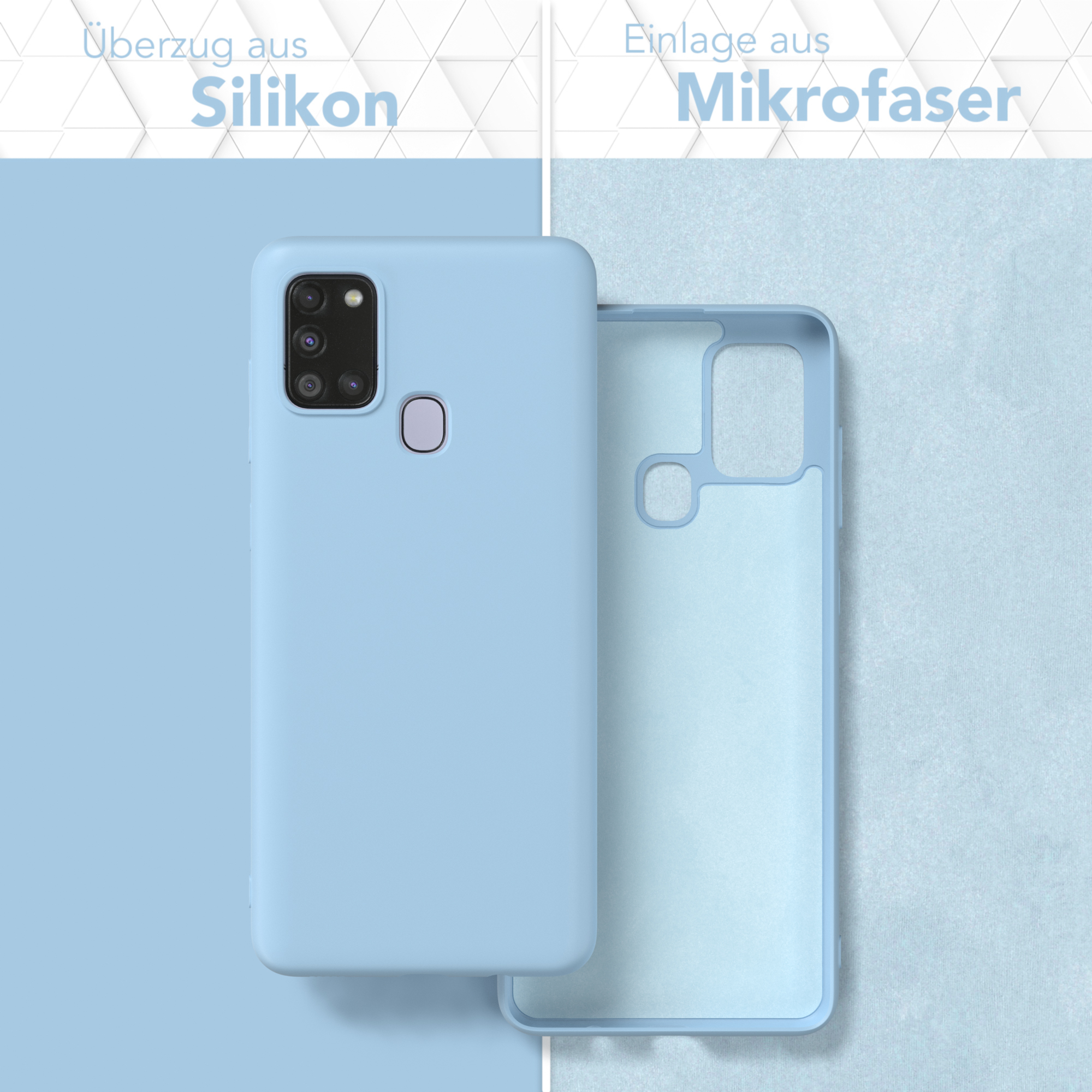 Hellblaue Handyhülle, offen, Innenraum zeigend. Textaufschriften: 'Silikon' und 'Mikrofaser'.