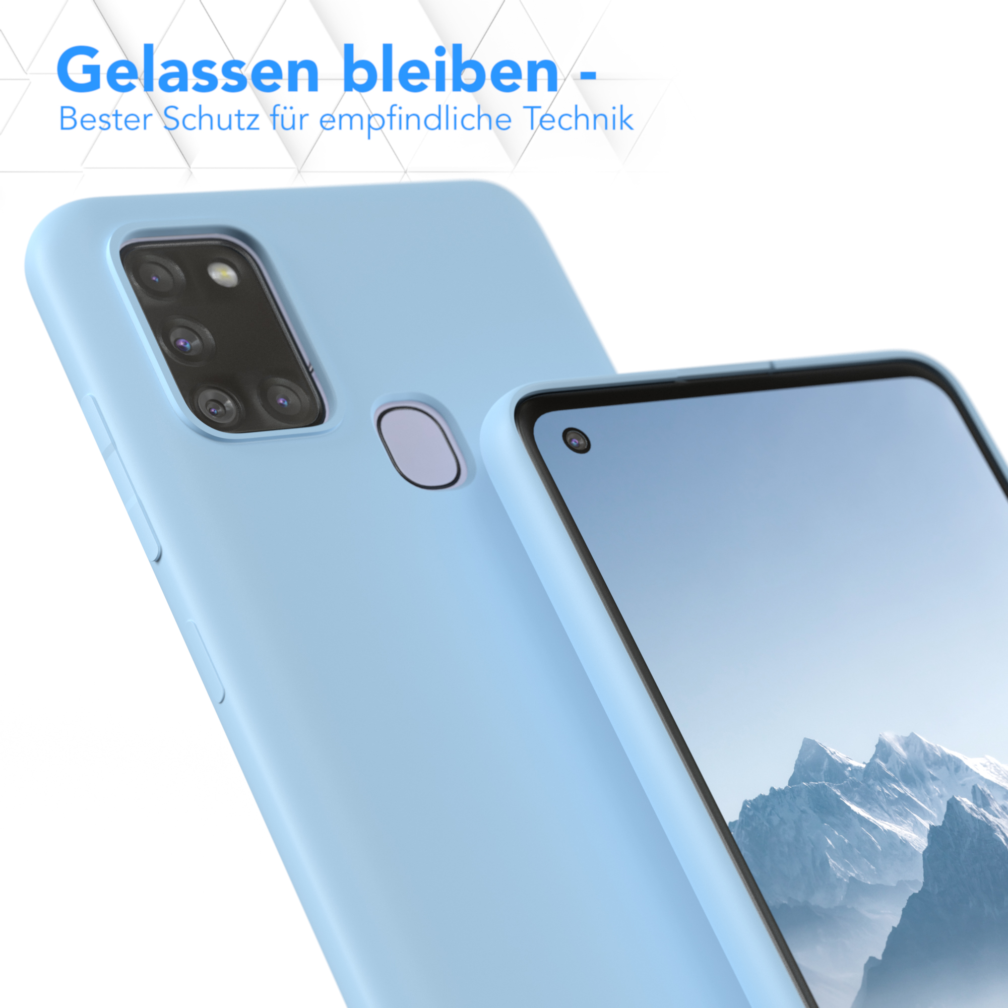 Ein Telefon in einer blauen Hülle. Text darüber, 