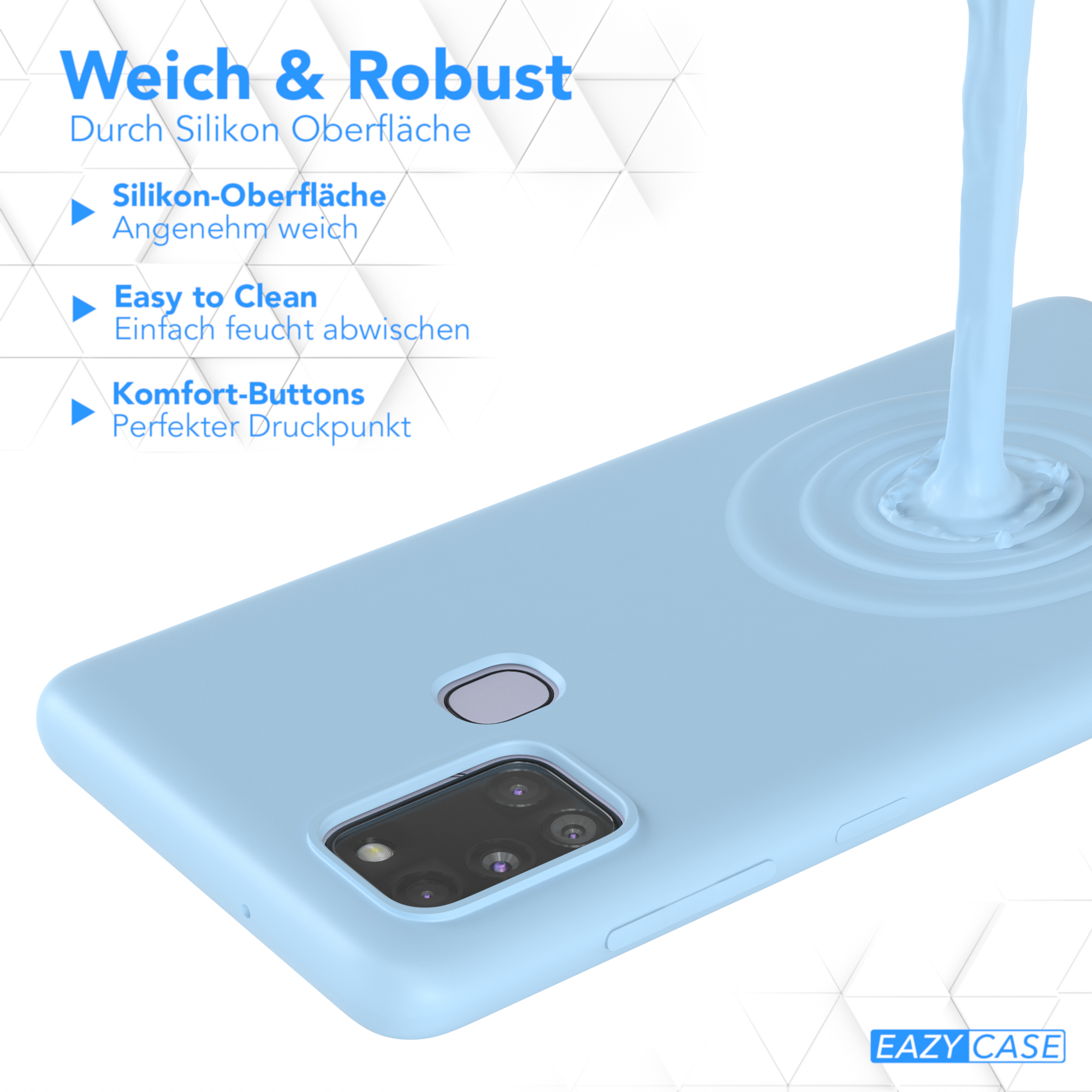 Hellblaue Handyhülle mit Text: Weich & Robust. Wassertropfen auf der Oberfläche.