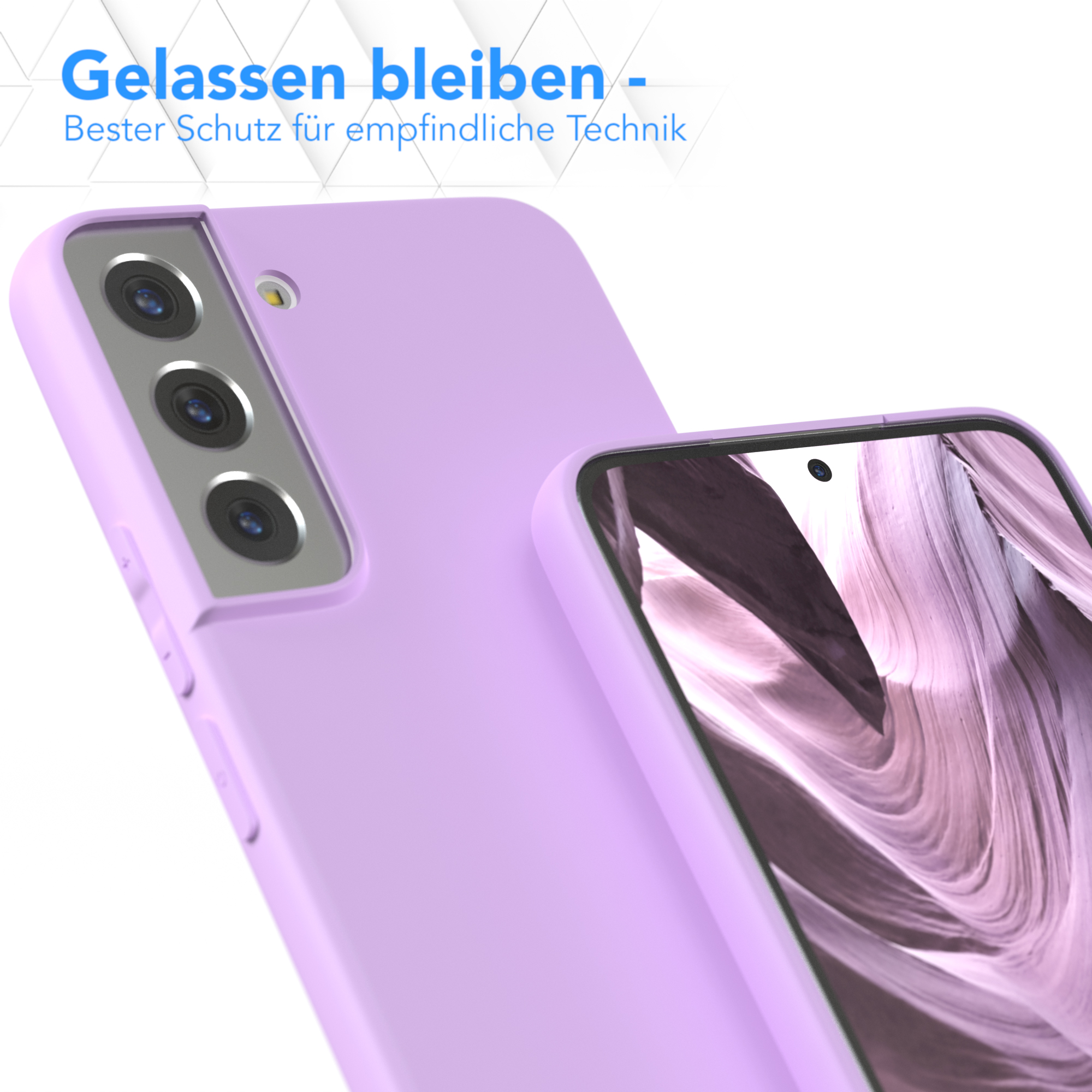 Eine lila Handyhülle und ein Telefon mit Bildschirm, in einer Nahaufnahme.