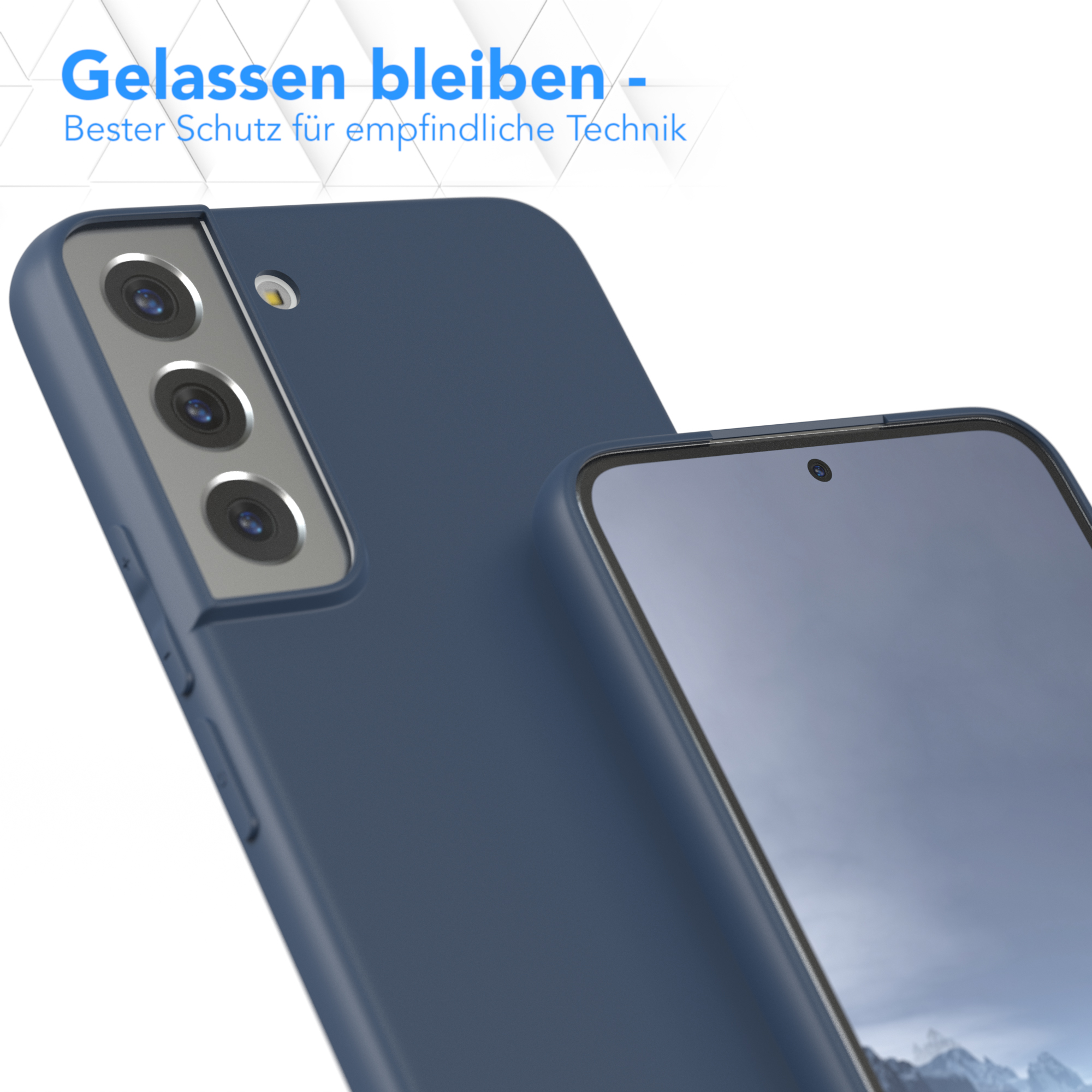 Eine blaue Handyhülle, die ein Telefon bedeckt. Der Text betont den Schutz.