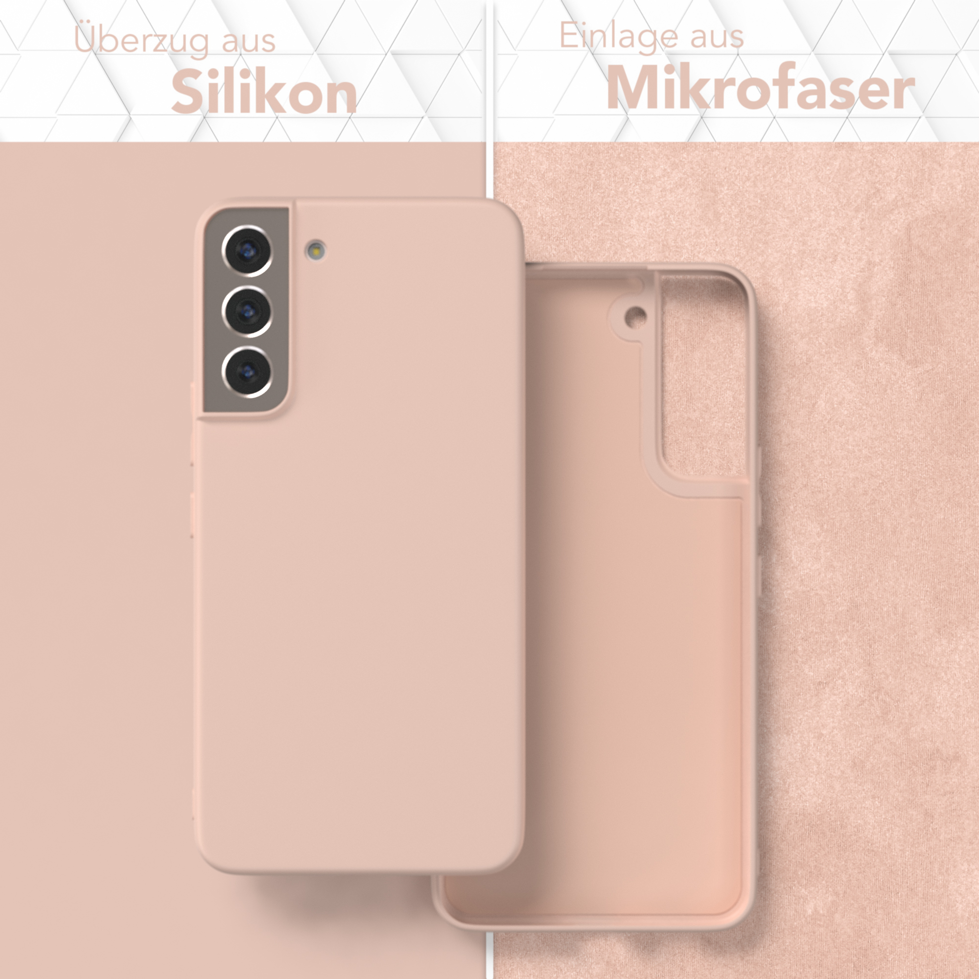 Handyhülle, Pfirsichfarbe, aus Silikon und Mikrofaser. Die Handyhülle ist offen, um das Innere zu zeigen.