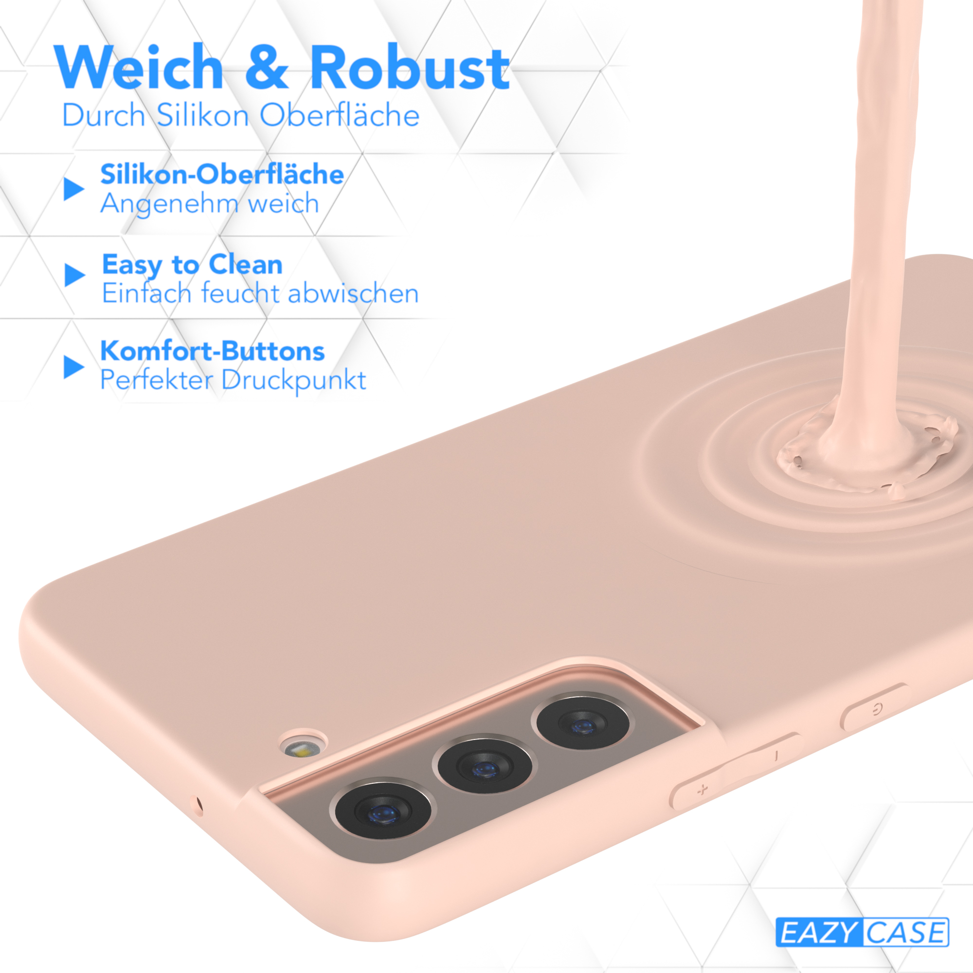 Eine rosa Handyhülle mit einem Telefon darin, mit einem Flüssigkeitsspritzeffekt. Der Hintergrund ist weiß.