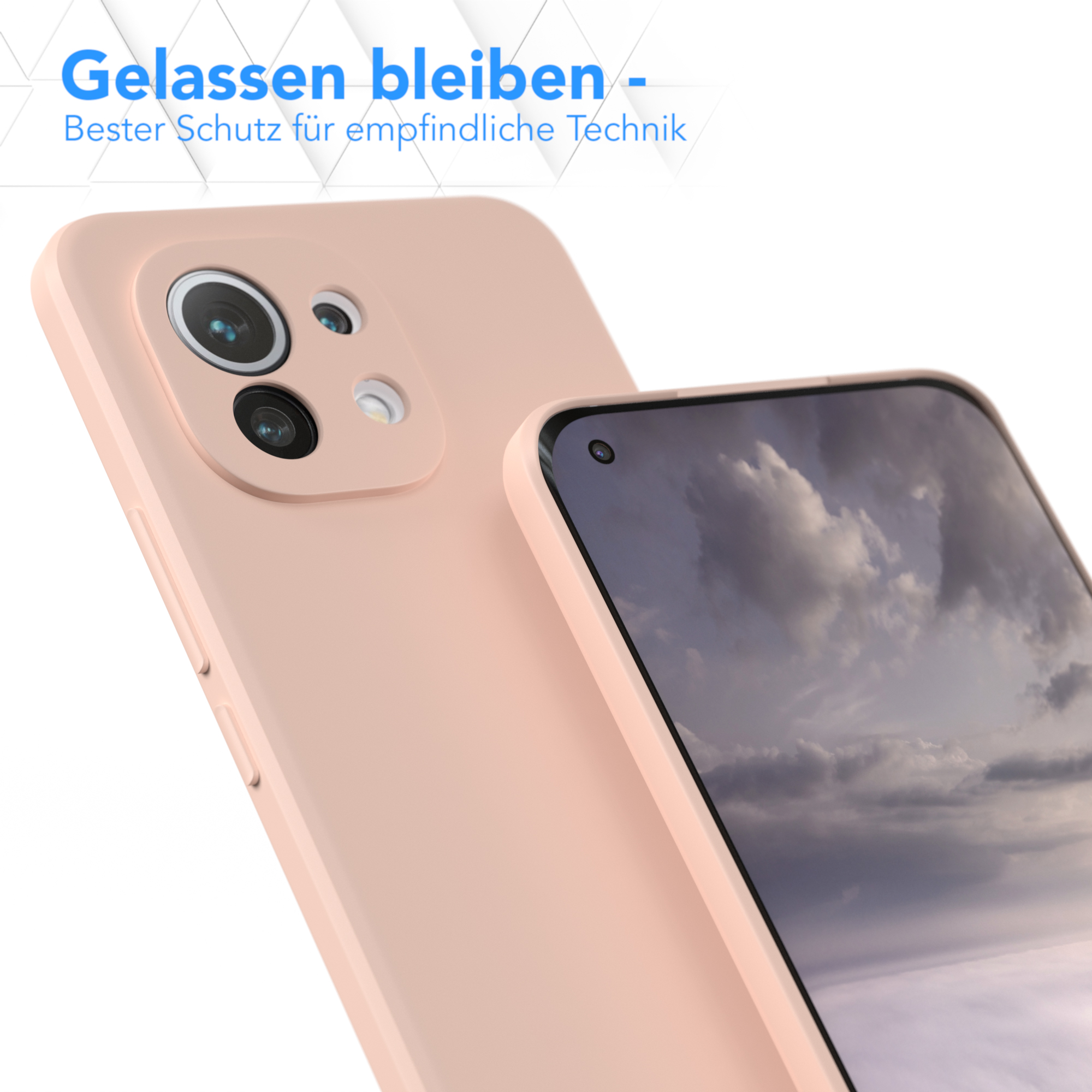 Nahaufnahme einer rosa Handyhülle und eines Telefons, das die Kamera zeigt.
