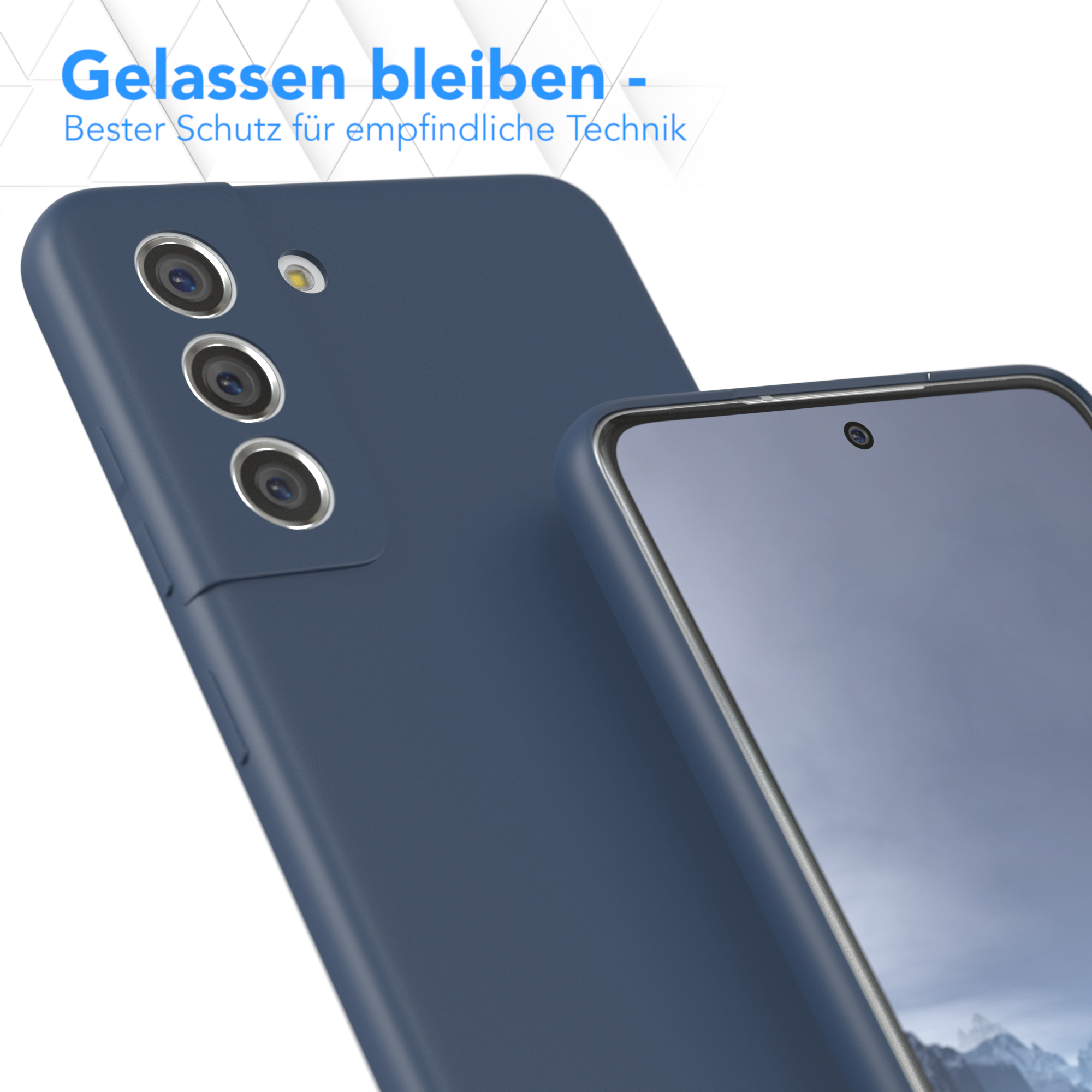 Blaue Handyhülle neben einem Telefon. Text: Entspannt bleiben – bester Schutz für Technik.