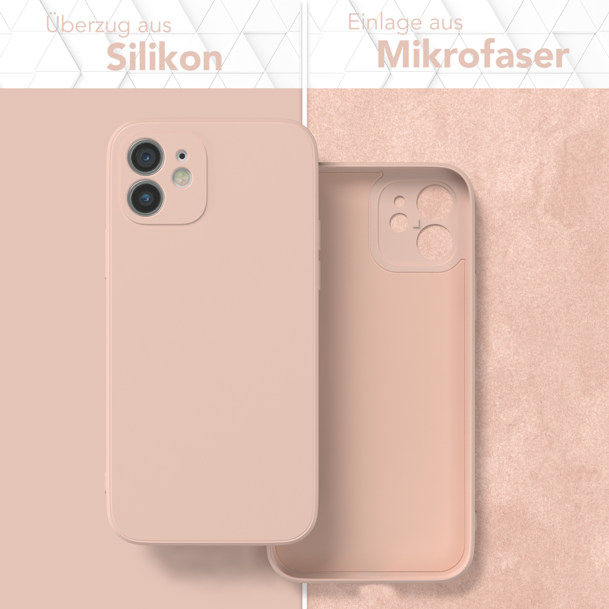 Zwei Telefonhüllen nebeneinander. Eine rosa, die andere ohne Hülle, zeigt rosa Innenseite.