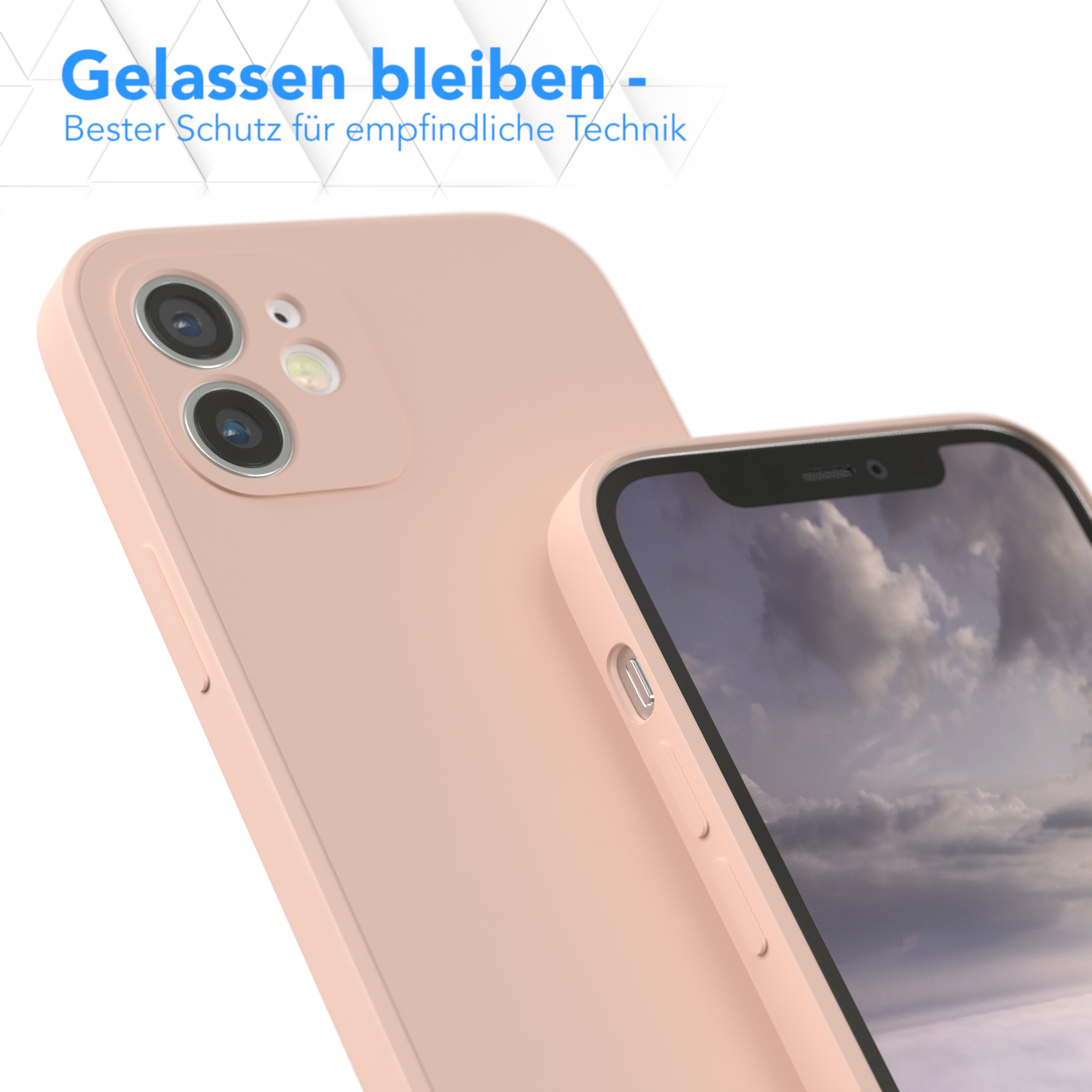 Hellrosa Handyhülle neben einem Telefon. Die Hülle liegt auf einer weißen Oberfläche.