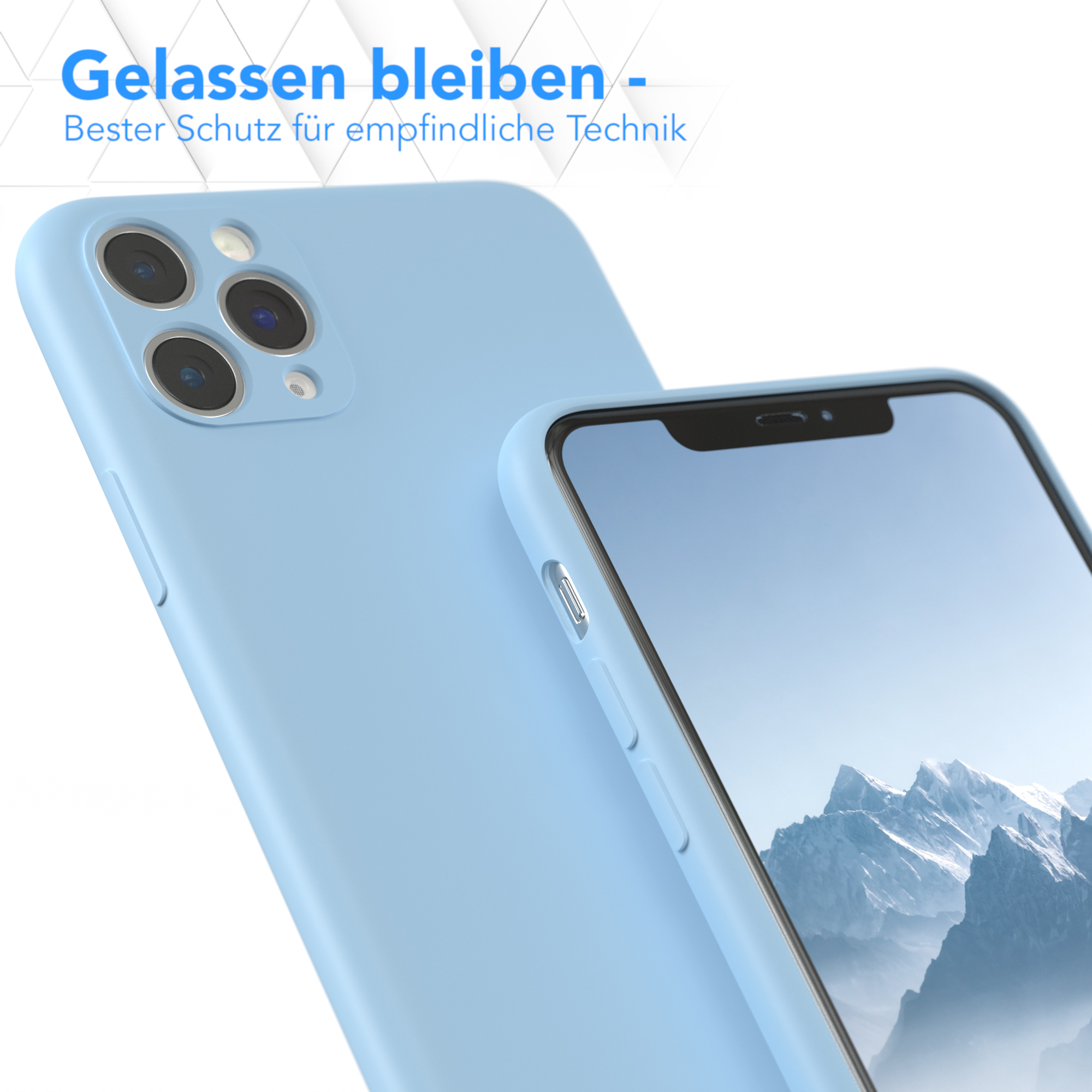 Blaue Handyhülle mit einem Telefon darin. Weißer Hintergrund.