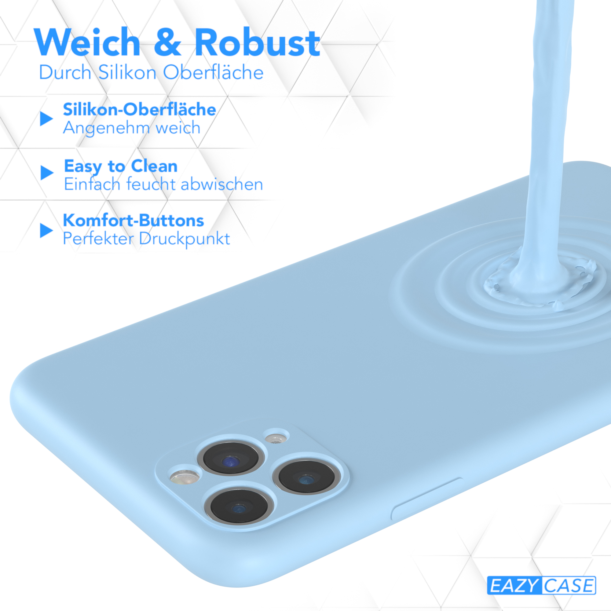 Hellblaue Handyhülle mit Wasserspritzeffekt, der Funktionen hervorhebt.