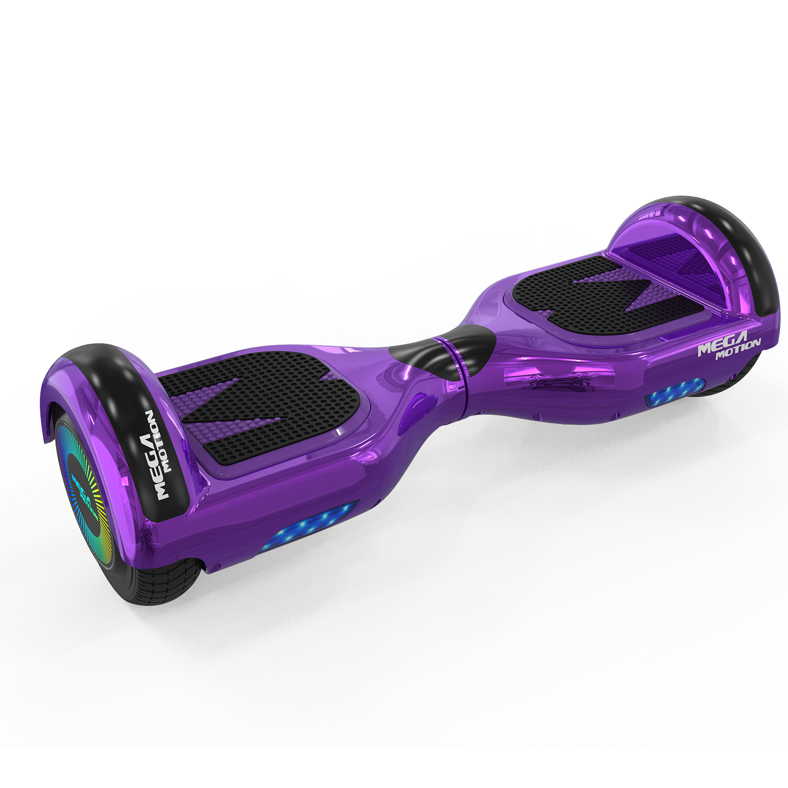 Un hoverboard morado con detalles negros, sobre un fondo blanco.