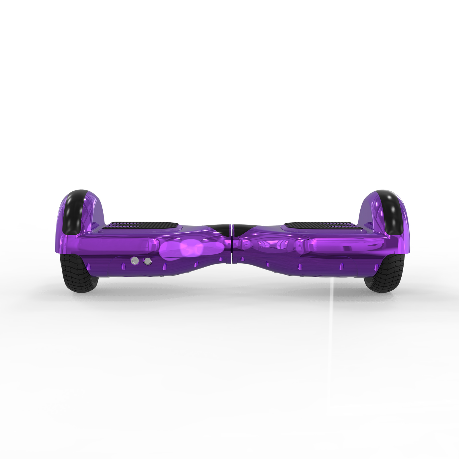 Un hoverboard morado, visto de frente, con dos ruedas negras.