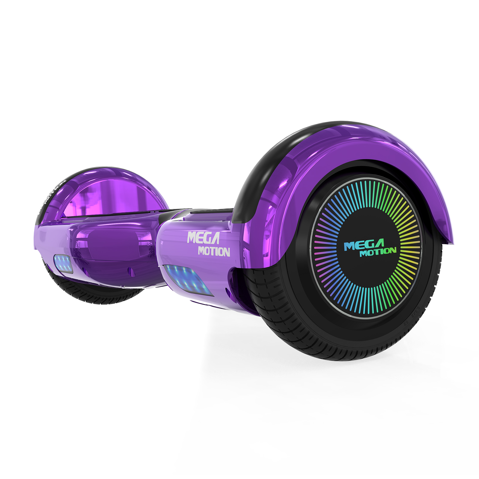 Hoverboard morado y negro con luces de rueda coloridas.
