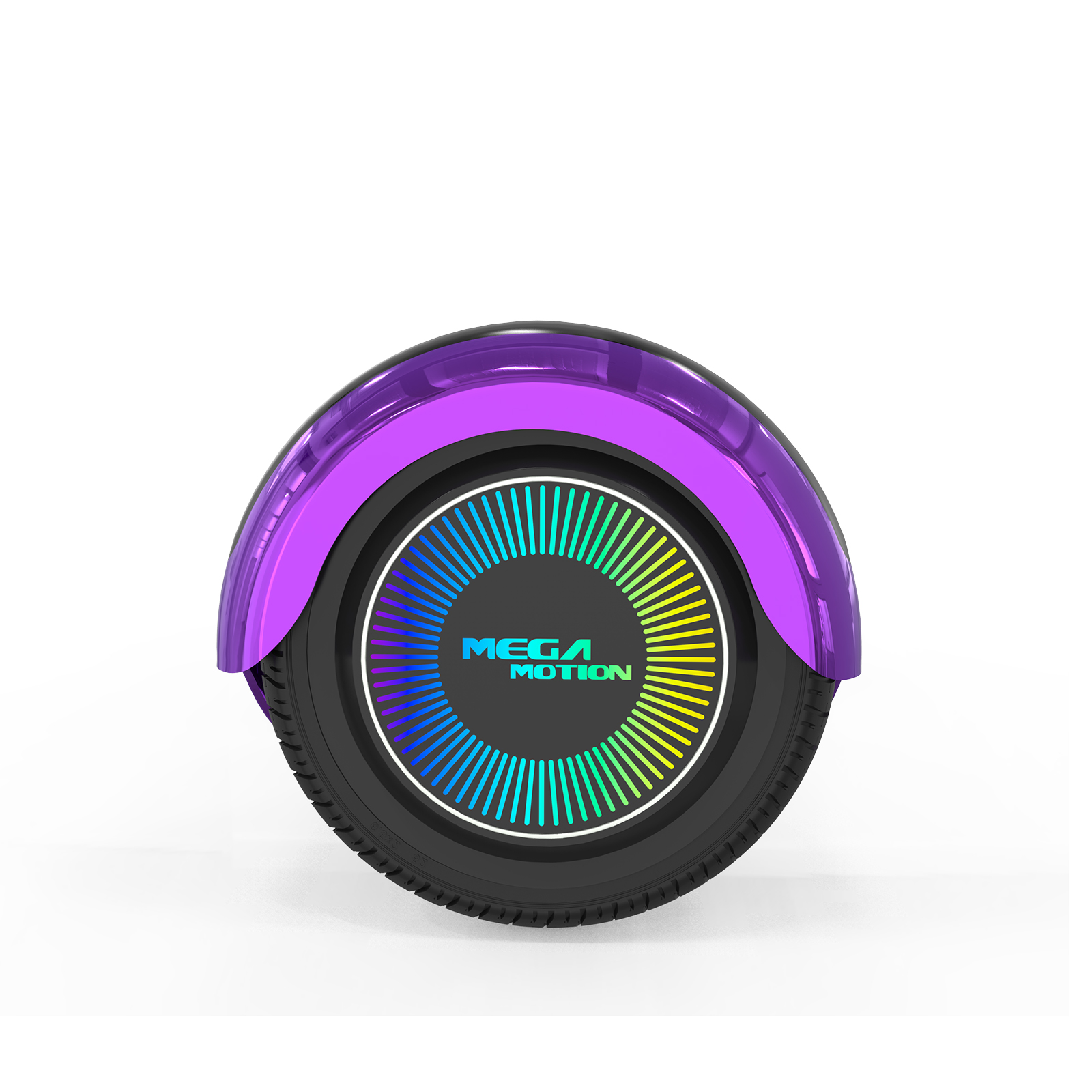 Una rueda de hoverboard púrpura con luces de colores, sobre un fondo blanco.