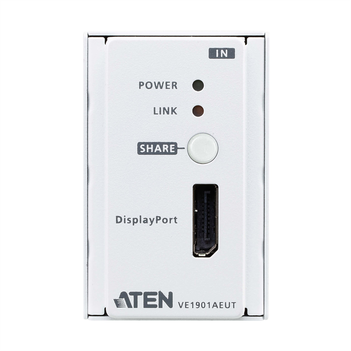 Pannello bianco con pulsanti e porte. Testo: "Power", "Link" e "Share".