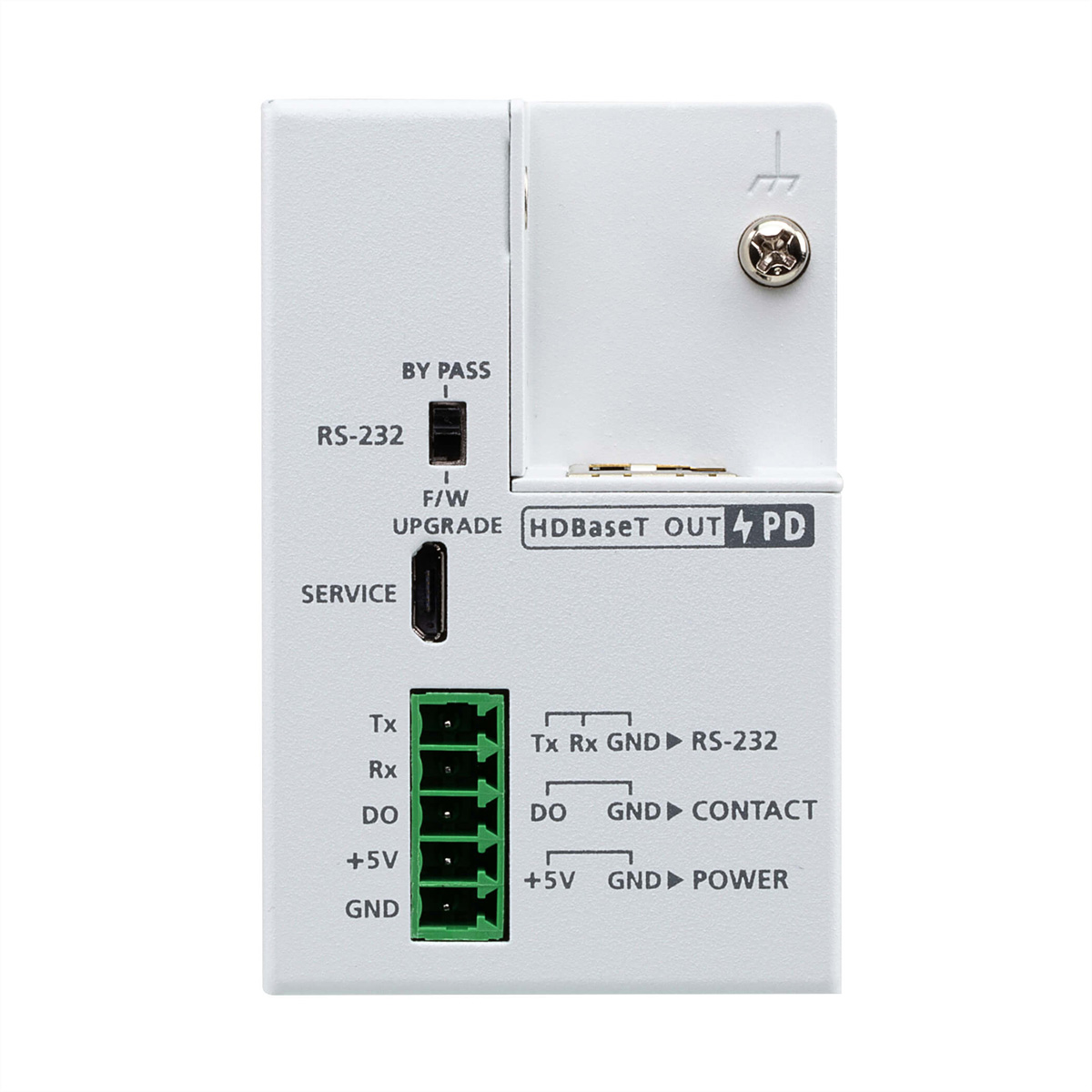 Dispositivo elettronico bianco con molti connettori. Il dispositivo ha etichette e pulsanti.