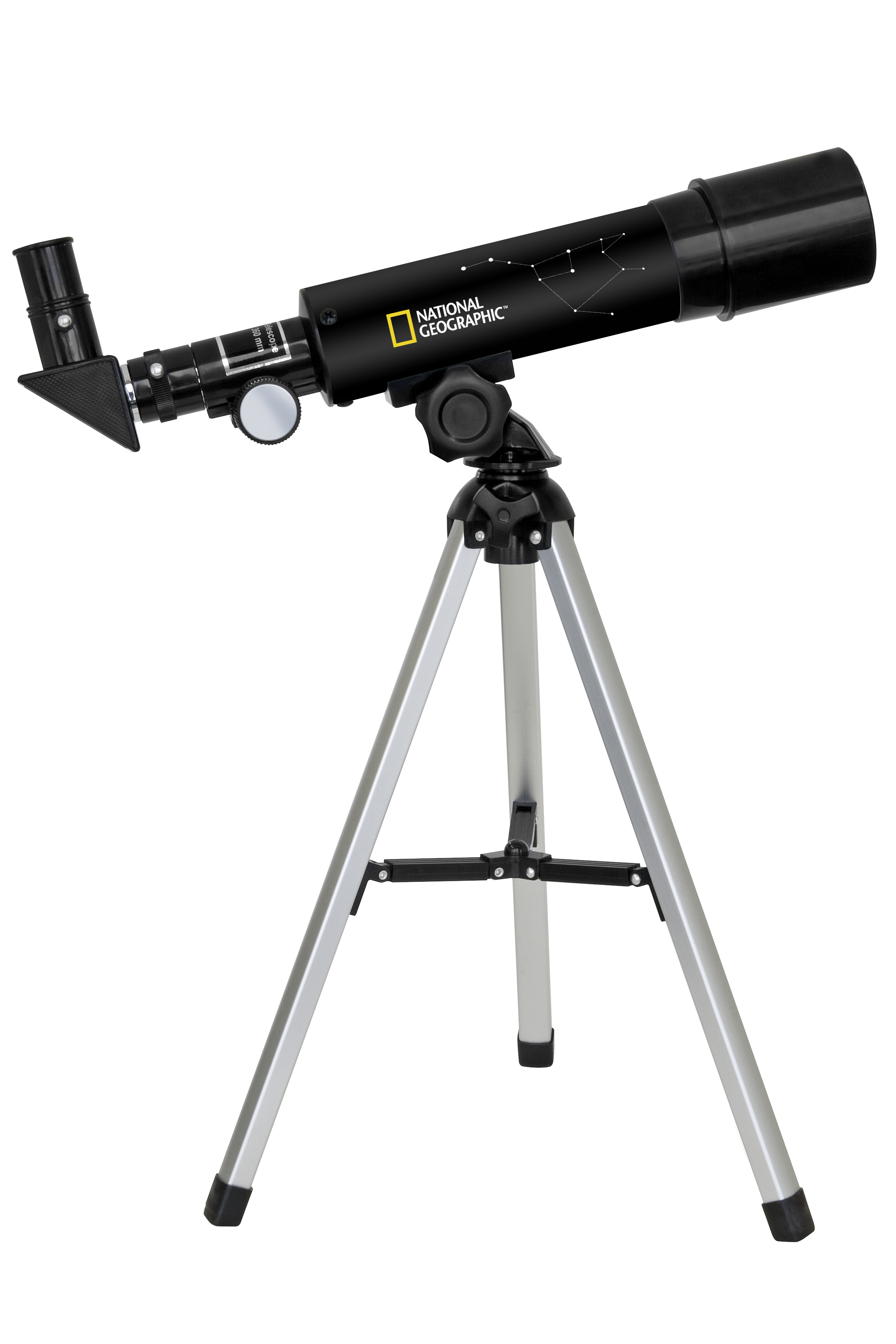 Telescopio negro sobre un trípode. Tiene una lente y 'National Geographic' en el lateral.