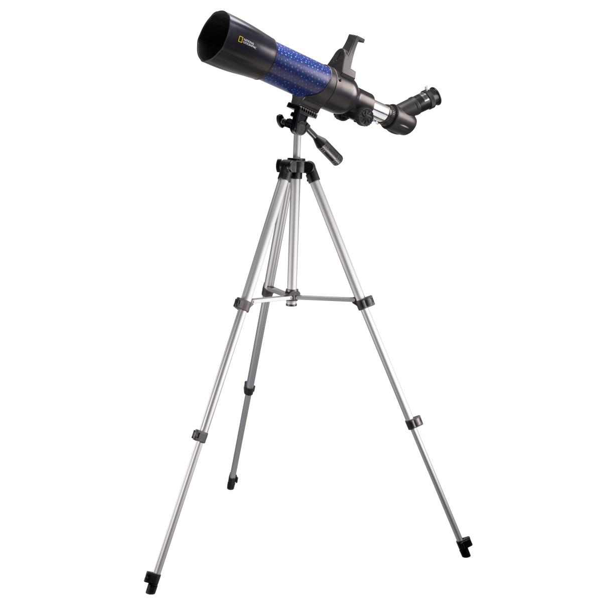 Un telescopio sobre un trípode. Tiene un tubo azul. Incluye un ocular adicional.