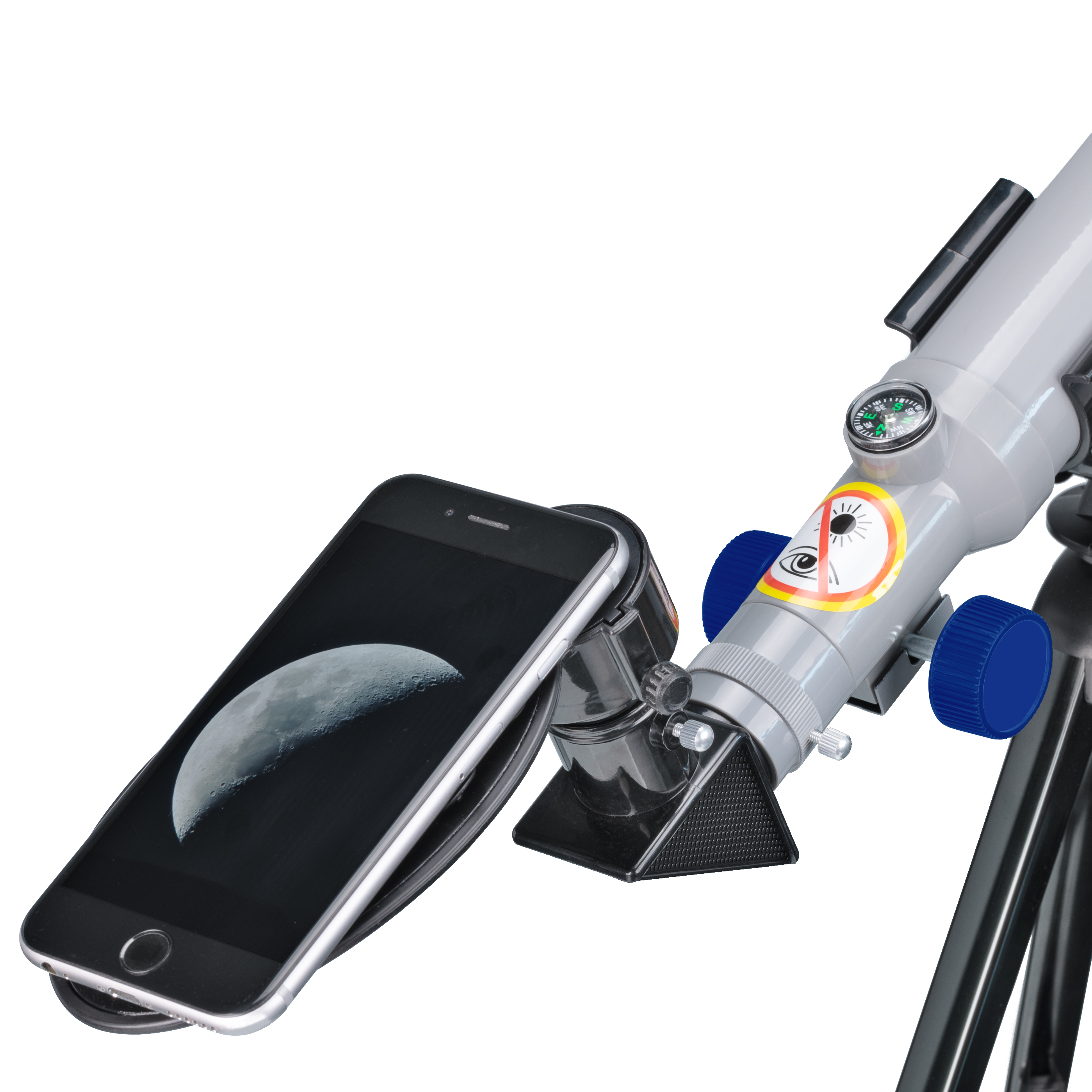 Telescopio con smartphone mostrando la luna. Perillas azules y trípode blanco visibles.
