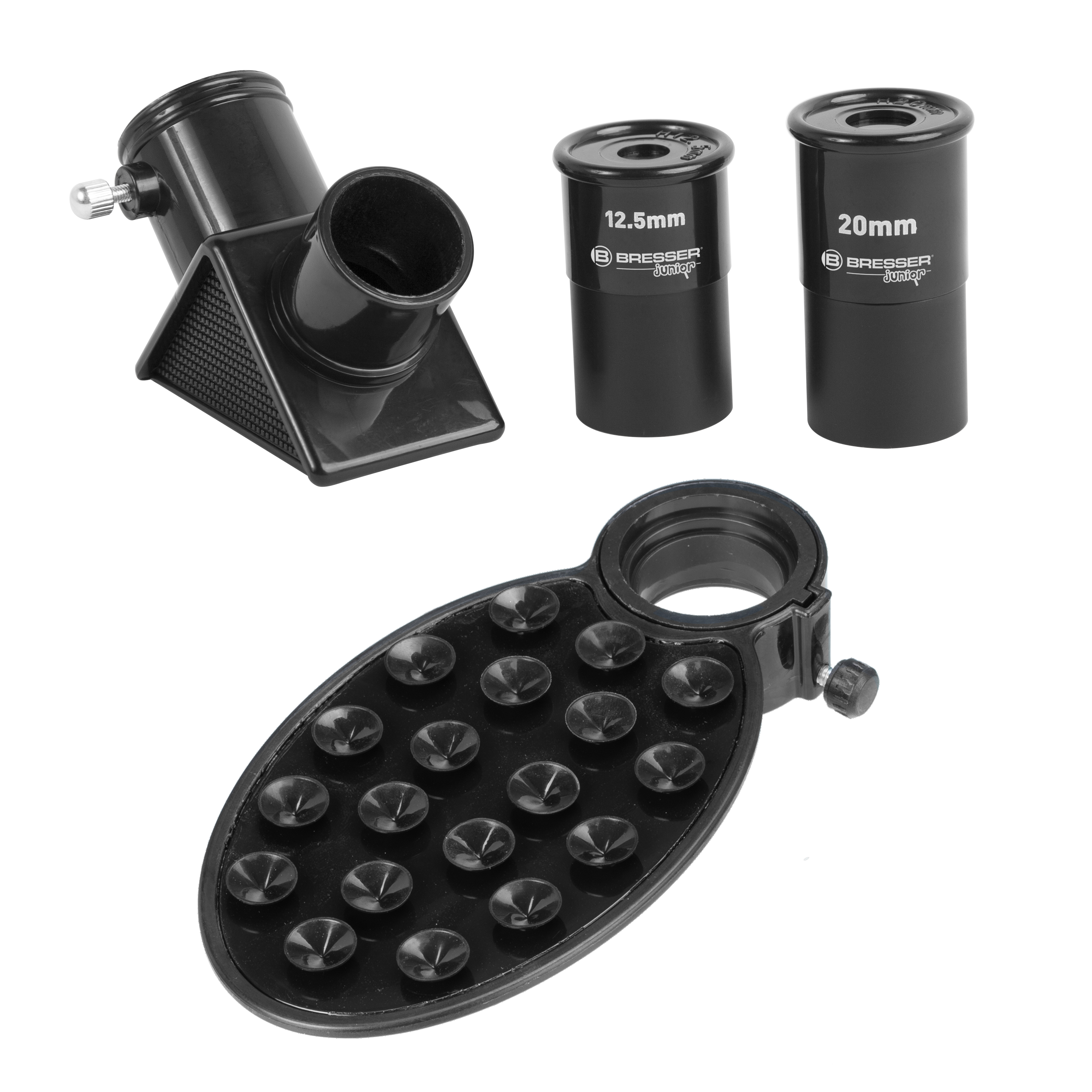 Accesorios de telescopio, incluyendo oculares y un soporte, sobre fondo blanco.