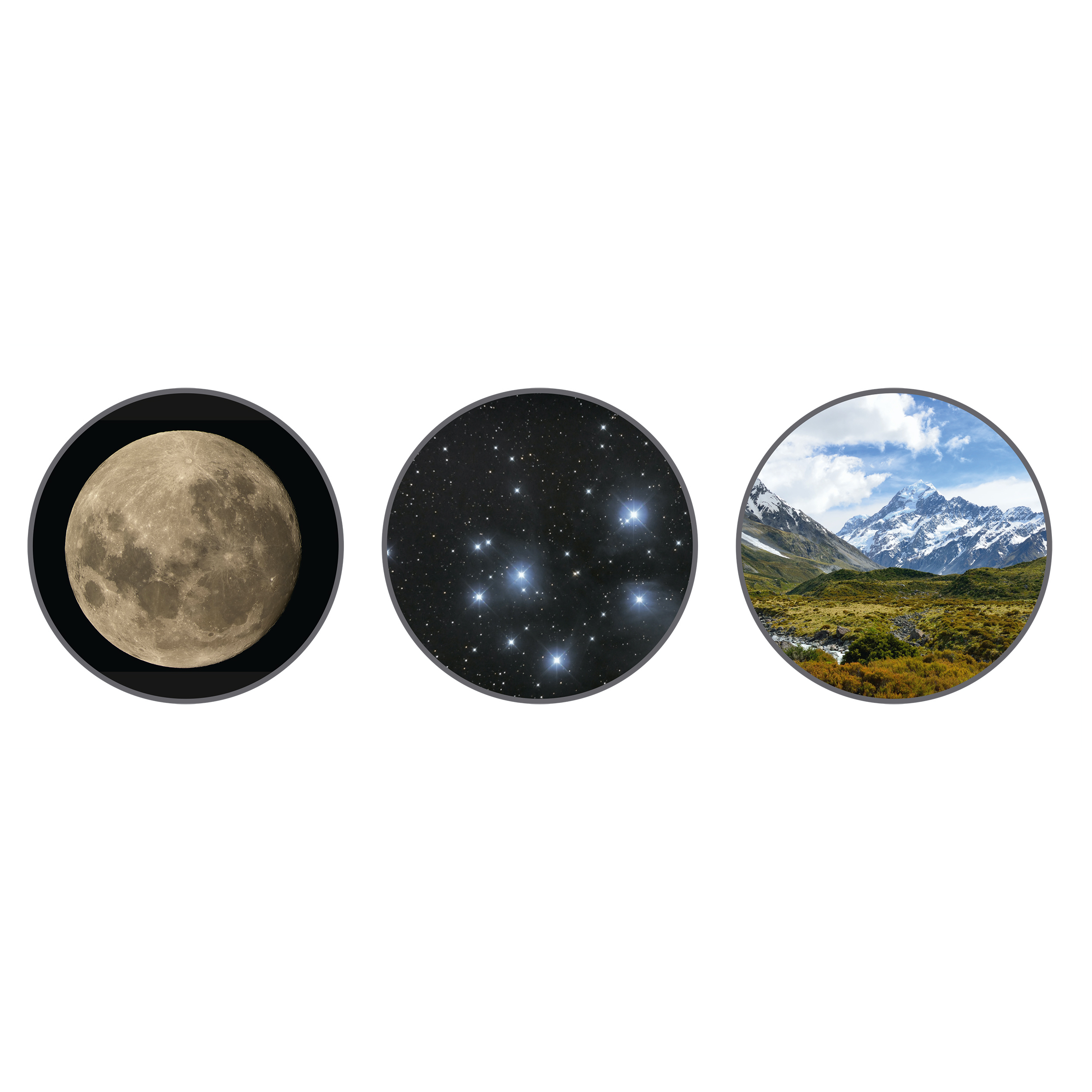 Tres vistas circulares: luna, estrellas y montañas, sobre fondo blanco.