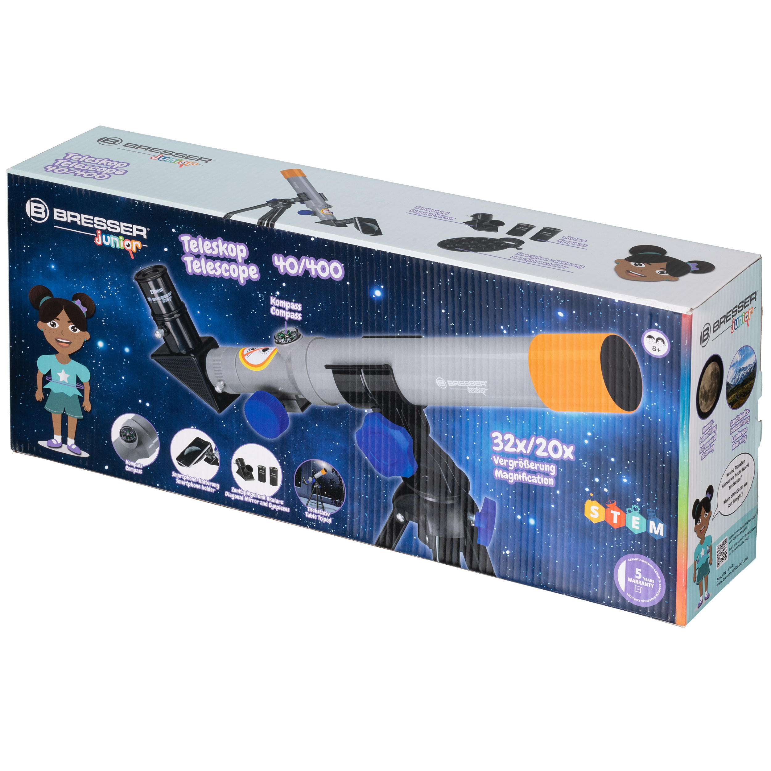 Caja de telescopio. Imagen de telescopio, caja blanca con una ilustración de telescopio.