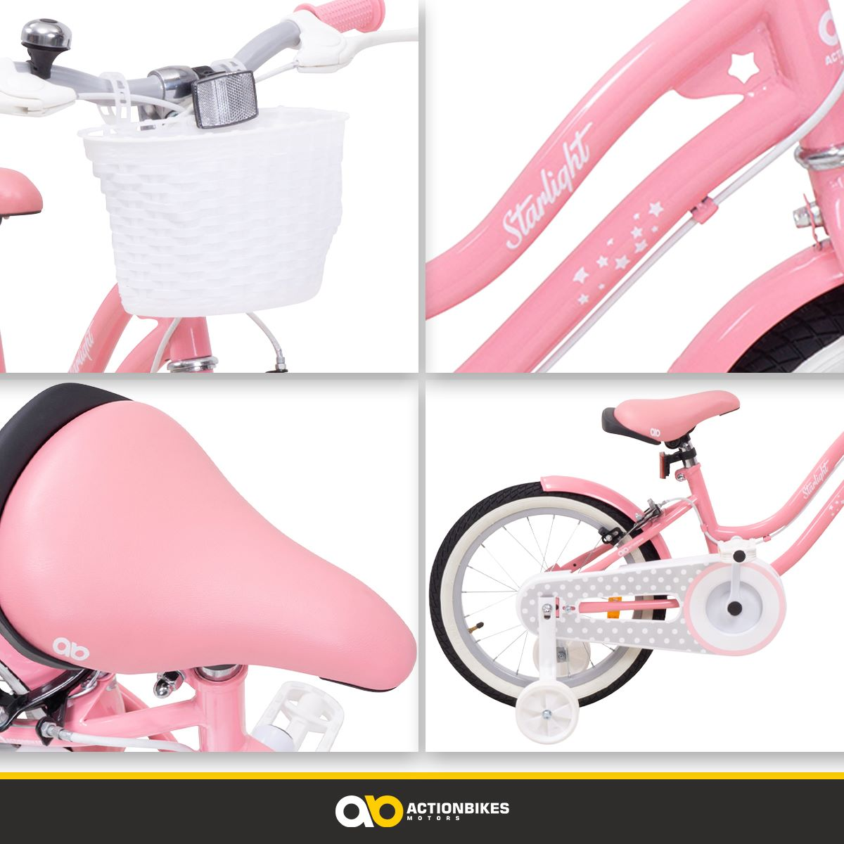 Nahaufnahme eines rosa Fahrrads. Details umfassen Lenker, Sitz, Korb und die Räder mit Stützrädern.
