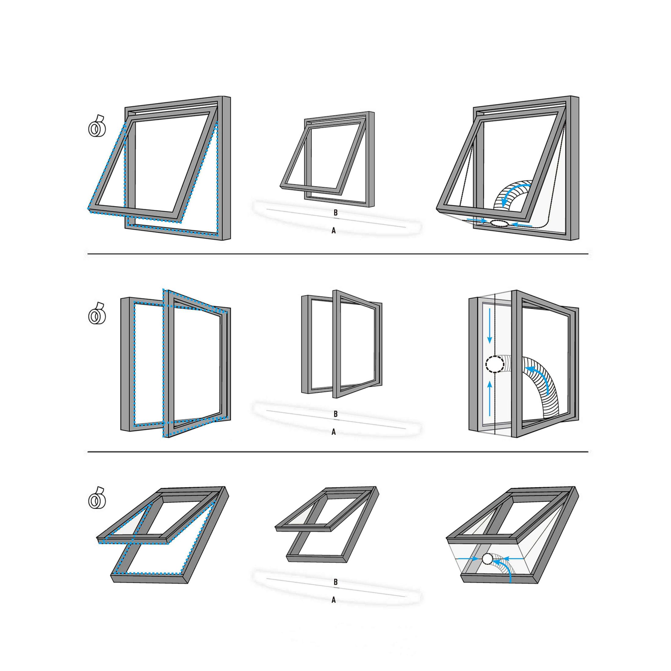 Diagramm von Fenstermechanismen, das Öffnungs- und Schließkonfigurationen mit Pfeilen zeigt.