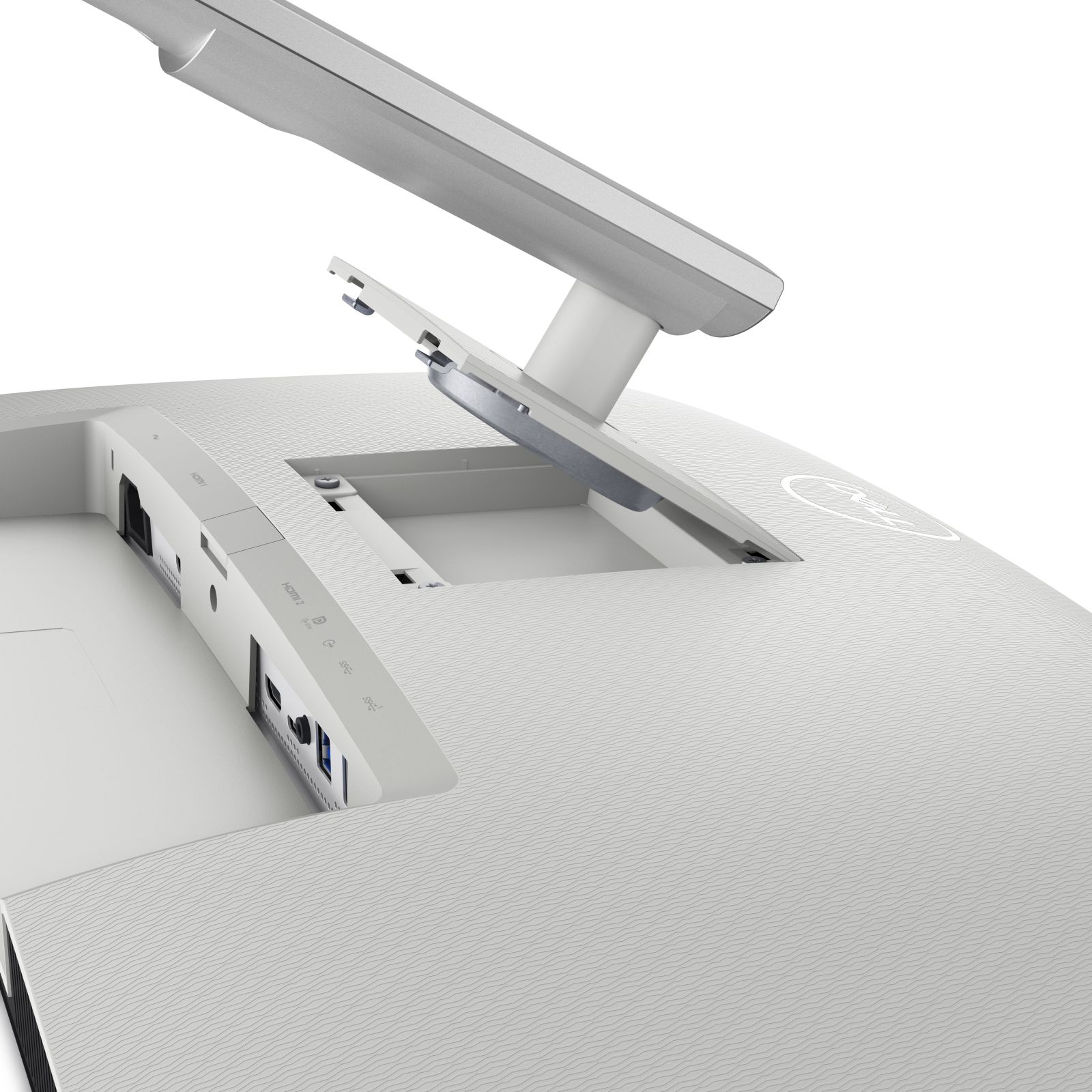 Biała podstawa monitora z portami, wspiera srebrne ramię.