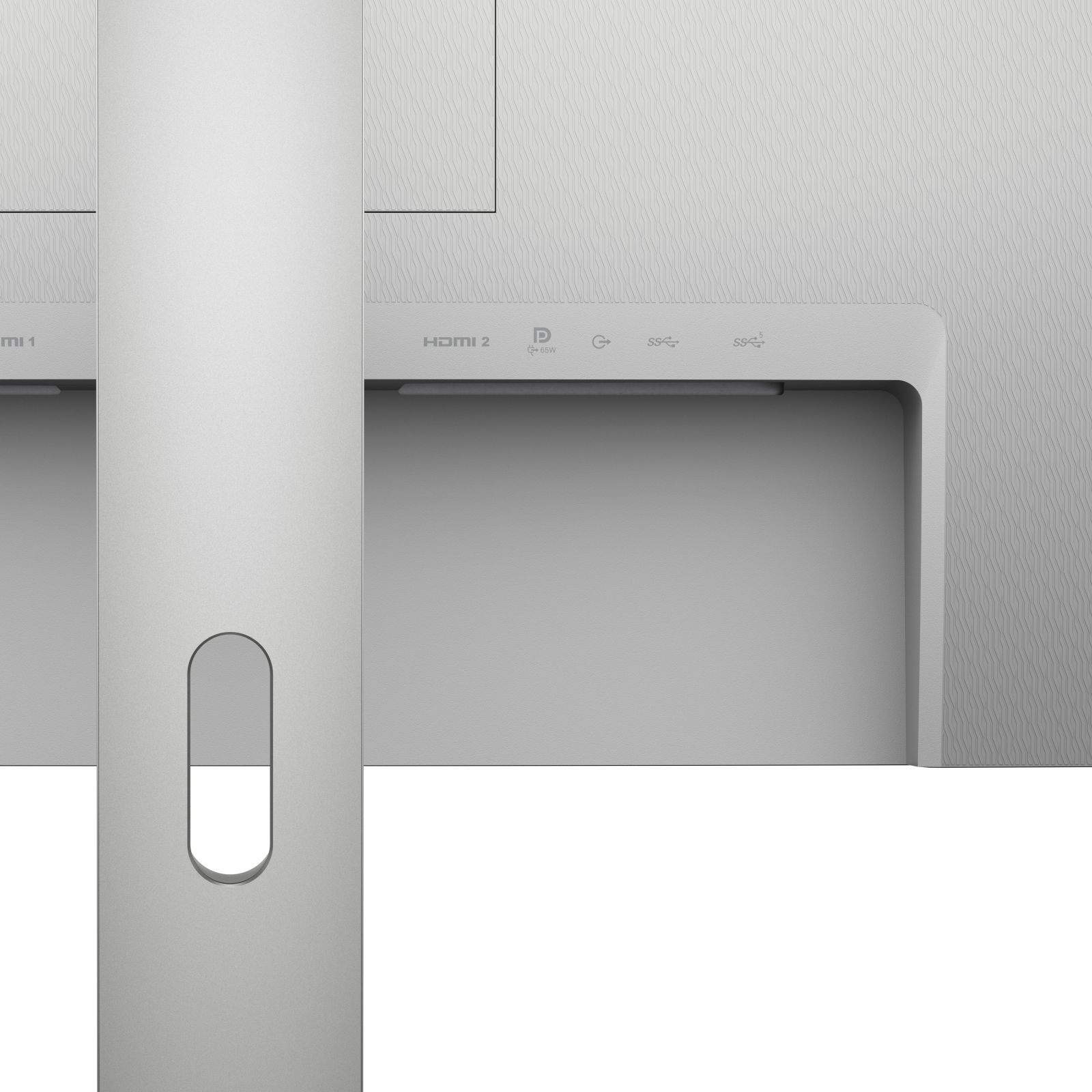 Zbliżenie monitora z portami, pokazujące HDMI i inne opcje połączeń. Kolory biały i szary.