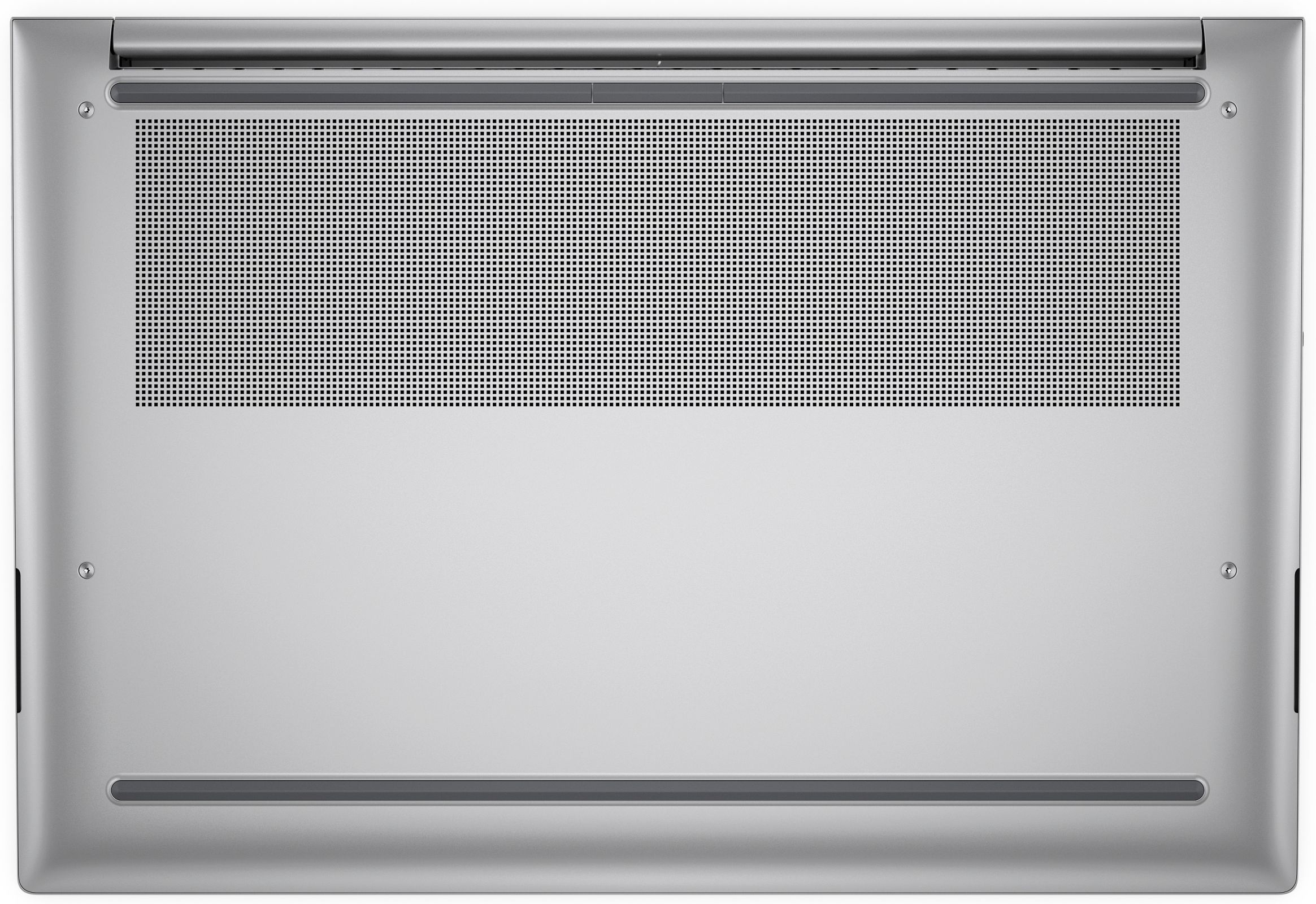 Silberne Laptop-Unterseite mit Lüftungsschlitzen und Schrauben.