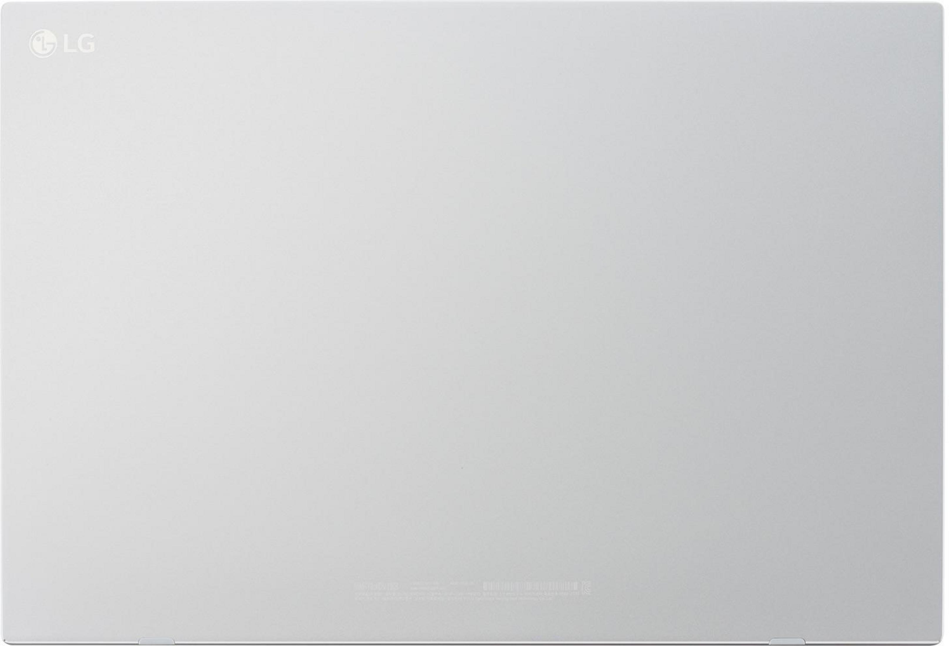 Biały laptop LG, zamknięty. Tył laptopa z logo LG.