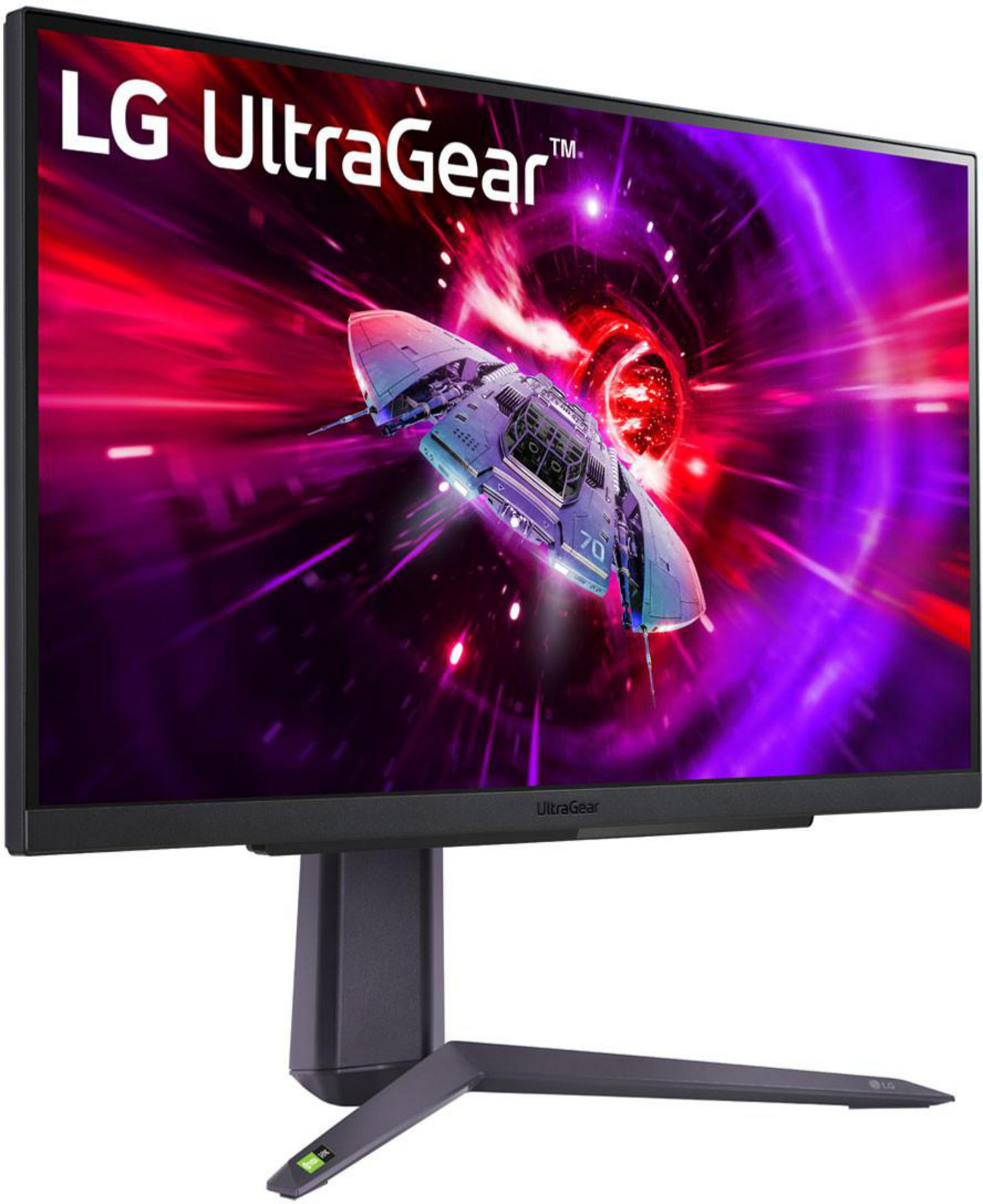Monitor LG UltraGear pokazuje statek kosmiczny w kolorowej galaktyce. Podstawka jest czarna.