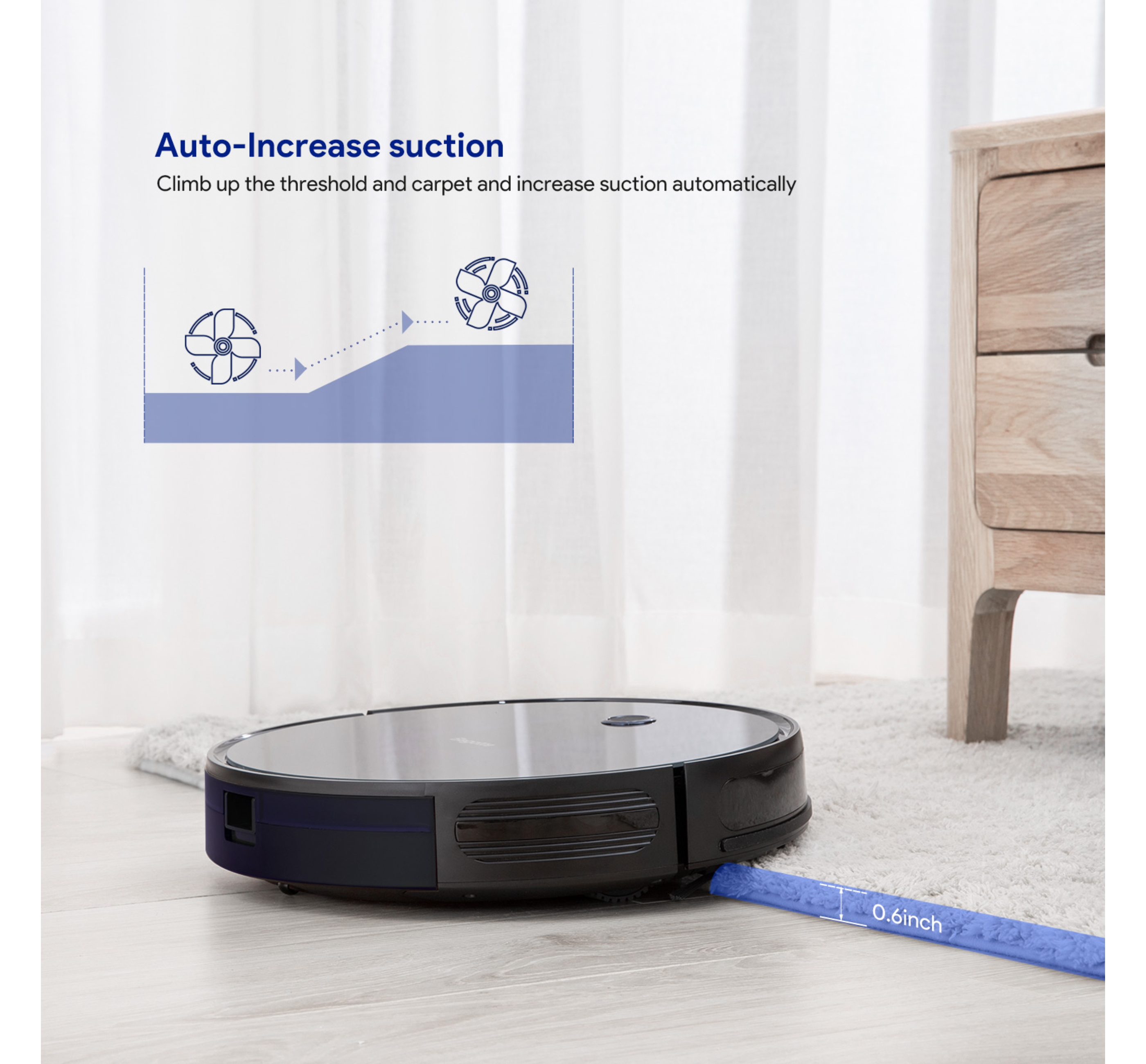Ein schwarzer Roboter-Staubsauger auf einem hellen Boden. Es gibt ein Diagramm zur Saugkraft.