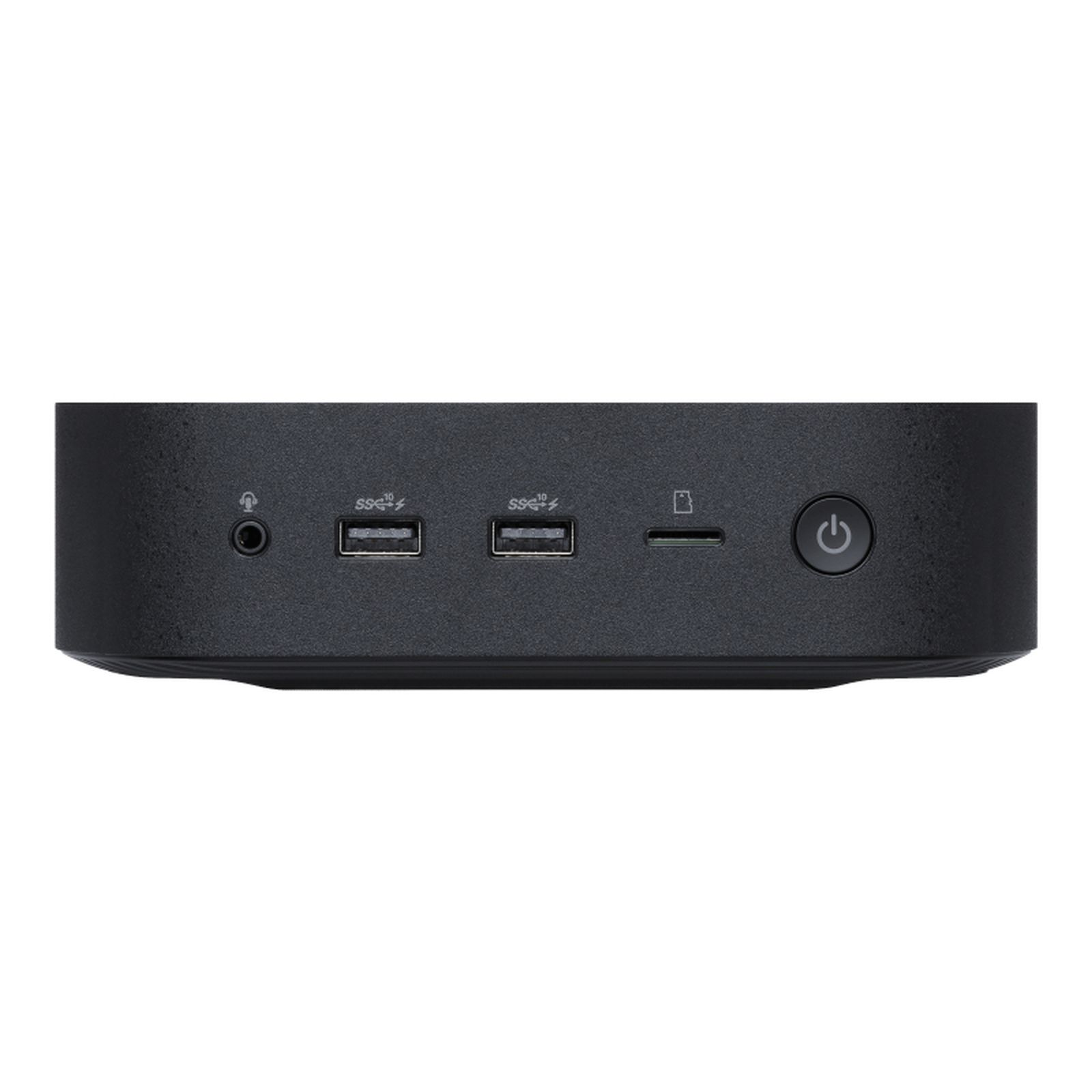 Zbliżenie przodu czarnego komputera ASUS Chromebox, pokazujące porty i przycisk zasilania.