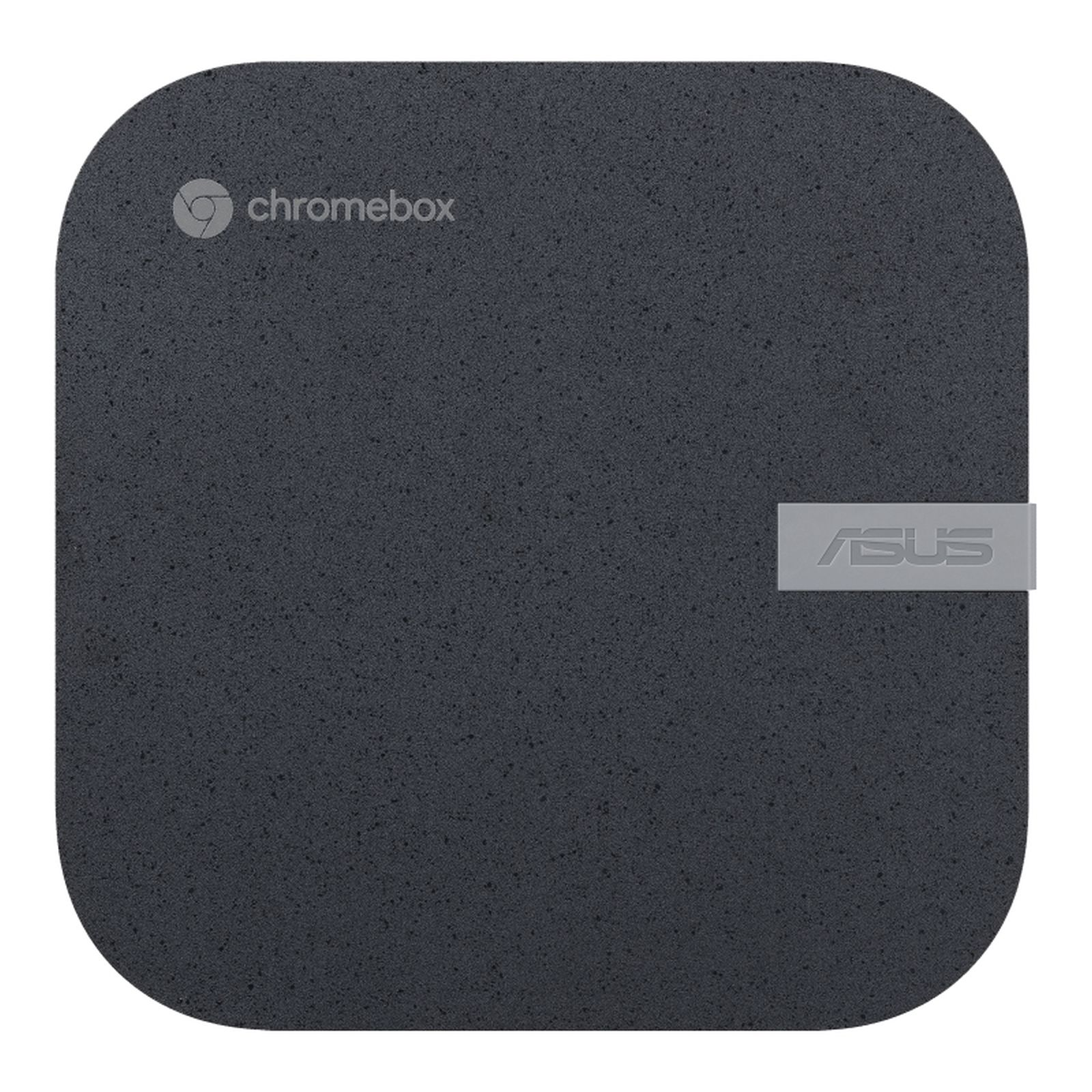Czarny chromebox z logo chromebox i logo ASUS. Urządzenie ma zaokrąglone rogi.