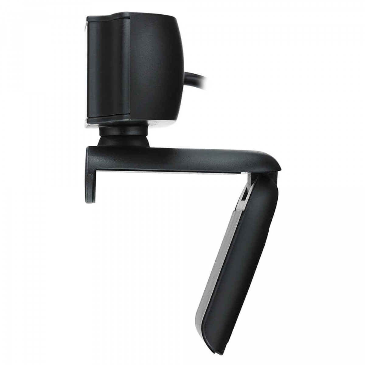 Czarna kamera internetowa na białym tle. Kamera internetowa jest zamontowana na czarnym statywie.