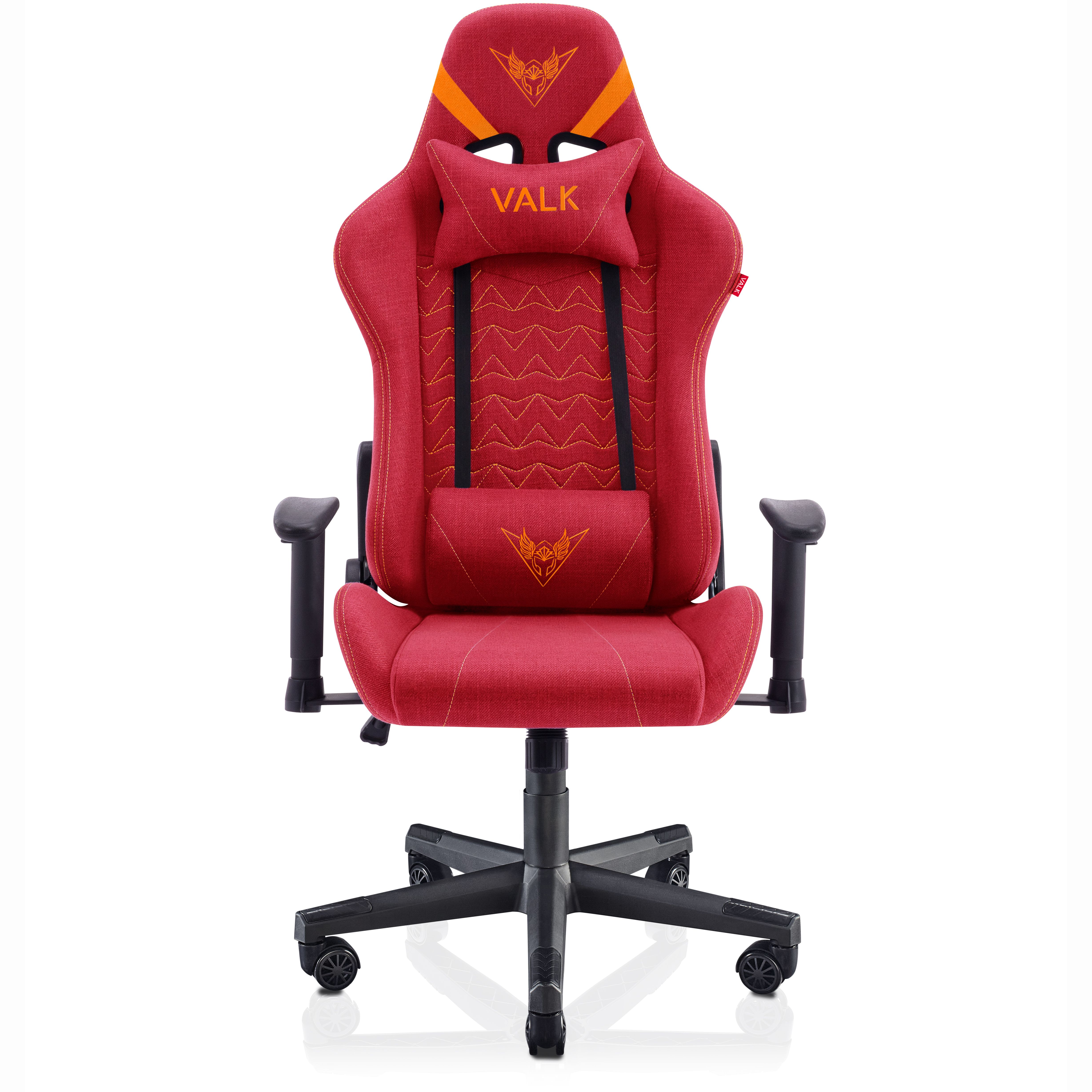 Una silla gaming roja con el logo VALK y rayas naranjas.