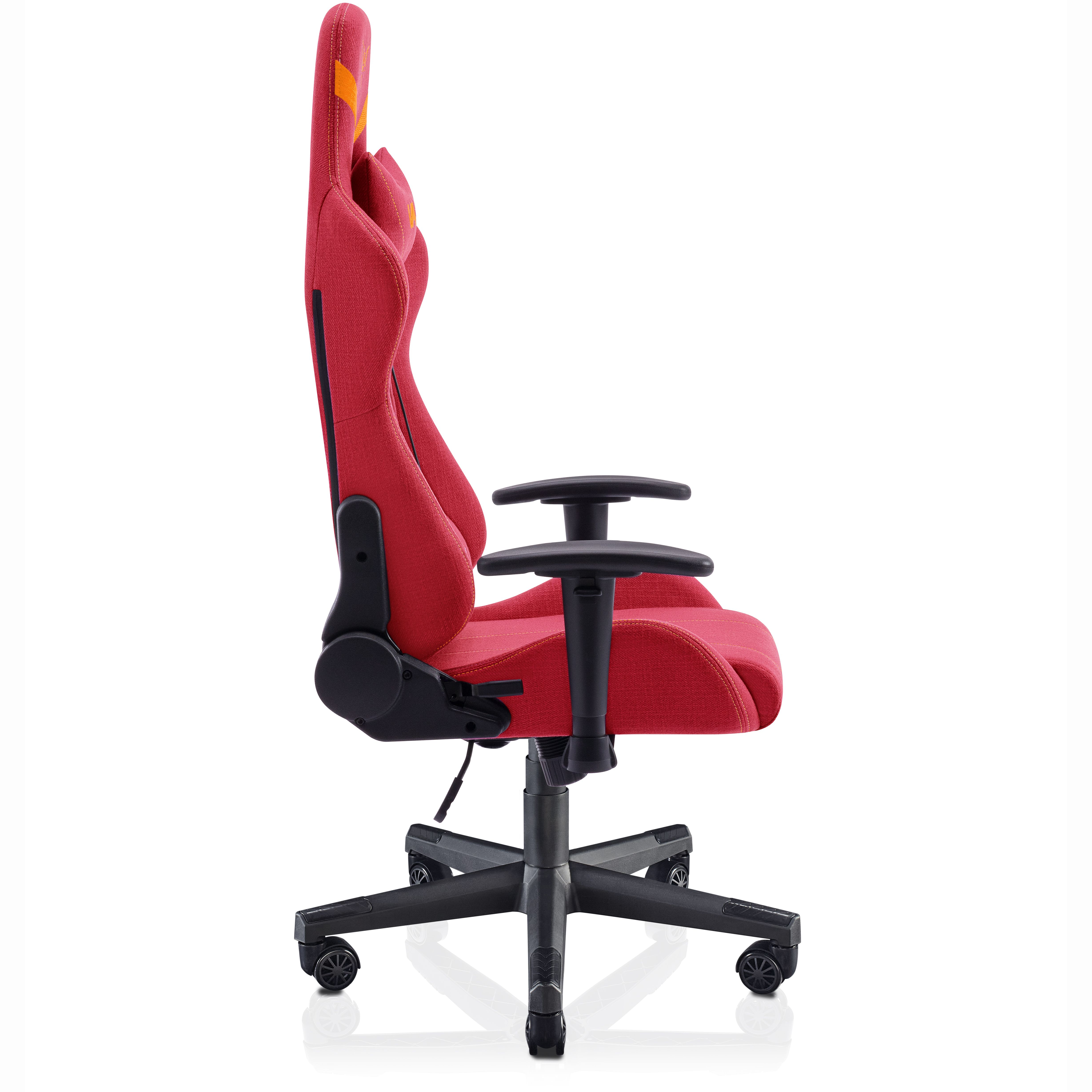 Una silla gamer roja desde la vista lateral. Brazos y base negros visibles.
