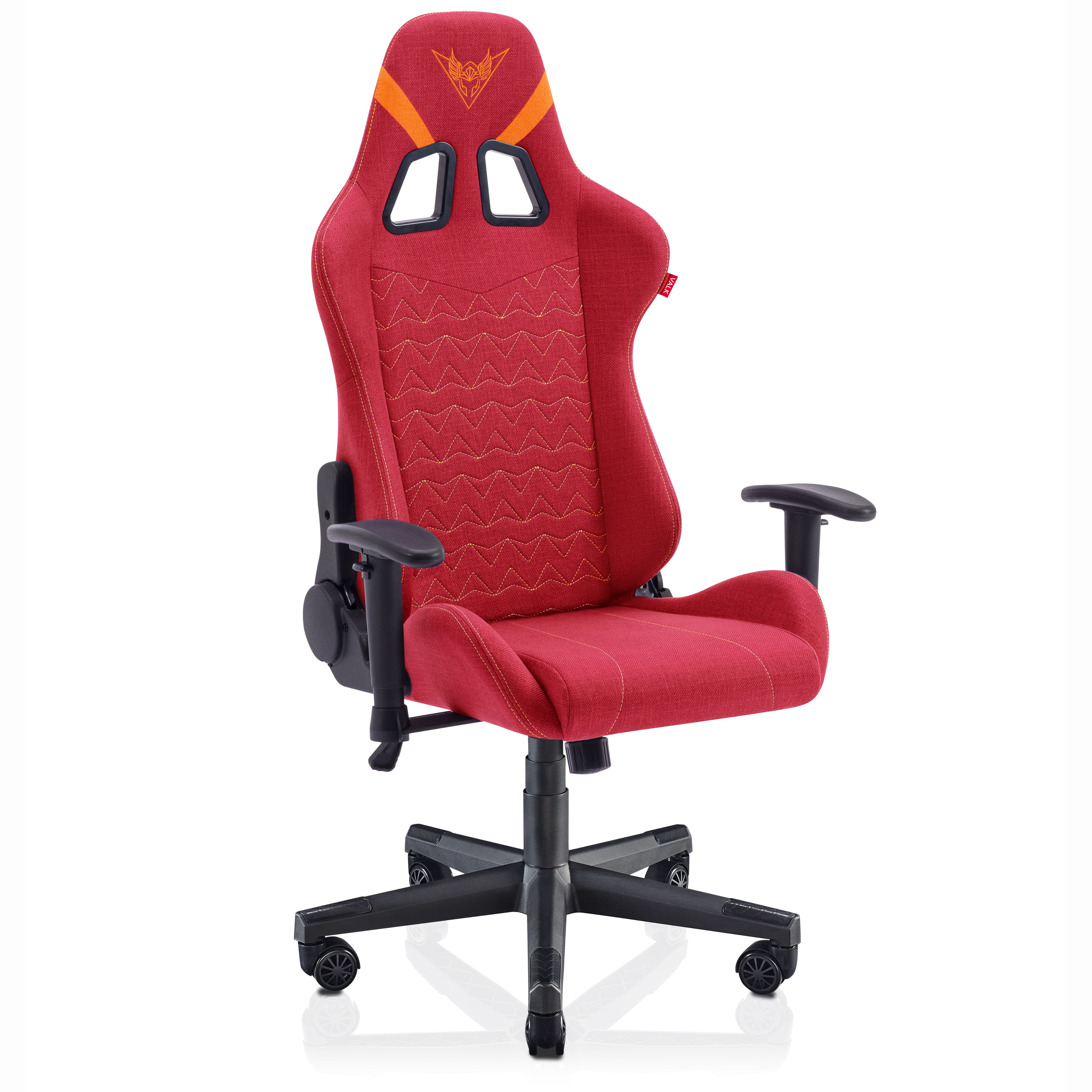 Silla gaming roja con reposabrazos y base negros. Respaldo alto con logo.