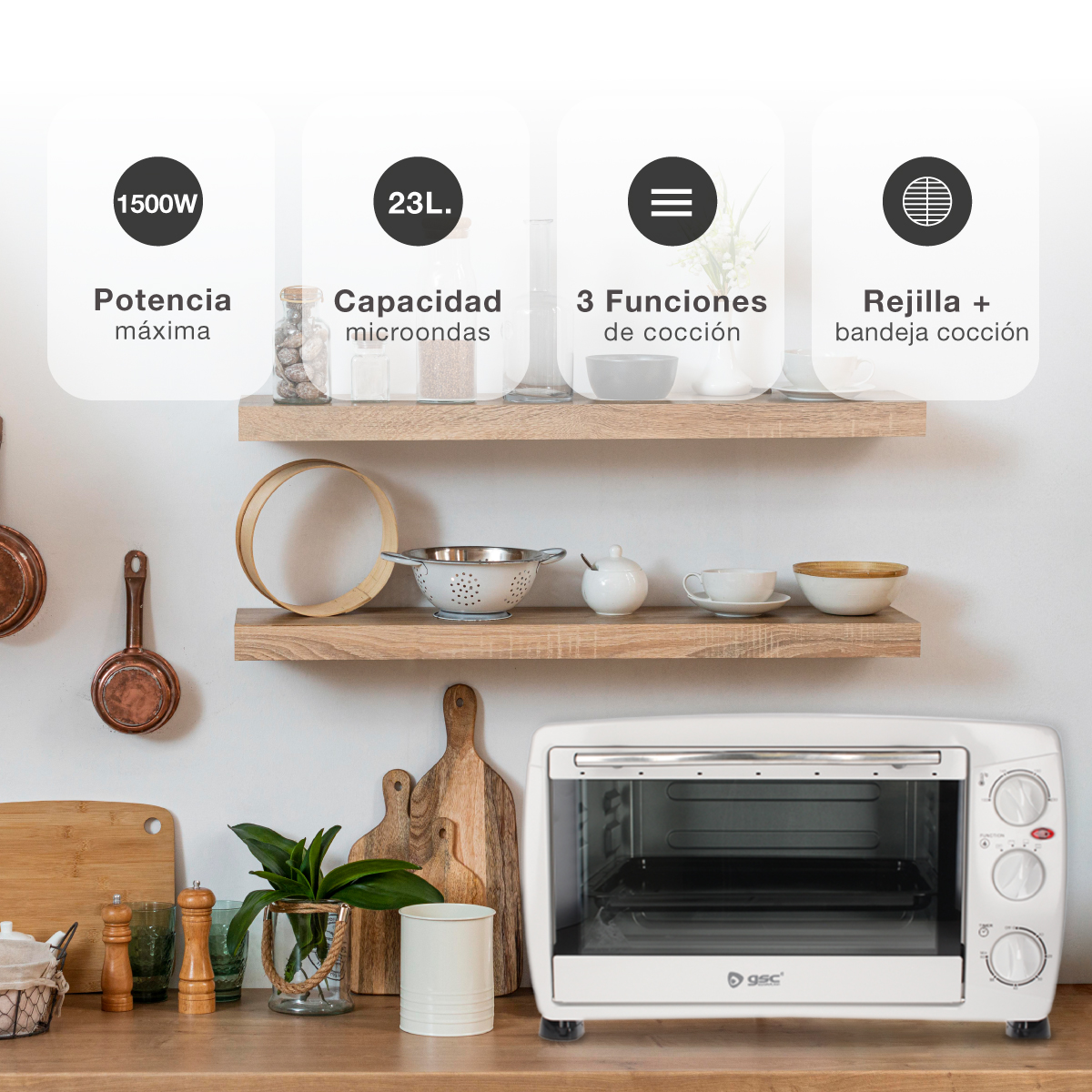 Horno blanco con etiquetas y texto, sobre encimera de madera, con fondo de cocina.
