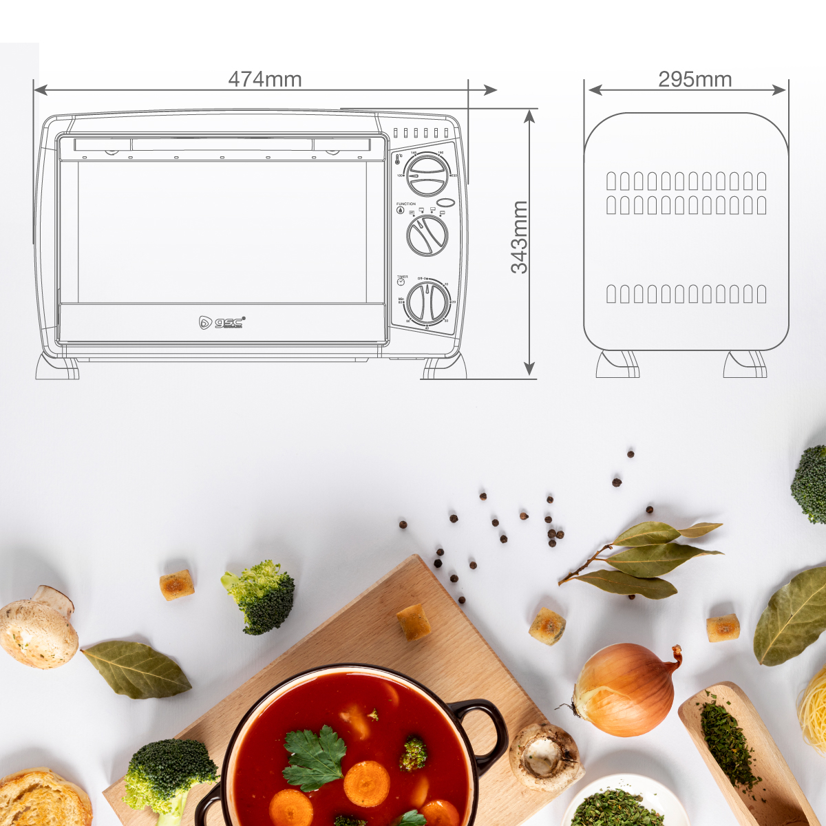 Diagrama de horno con dimensiones y vista de cocina con comida en una mesa.