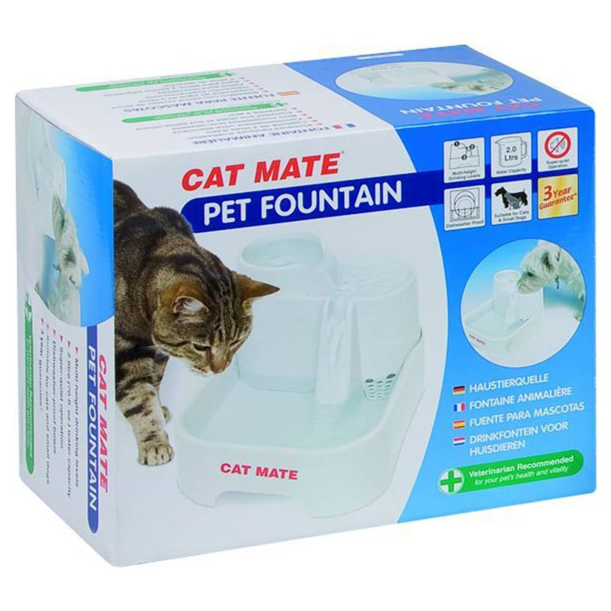 Ein Cat Mate Haustierbrunnen-Karton, der das Produkt und eine Katze mit Wasser zeigt.