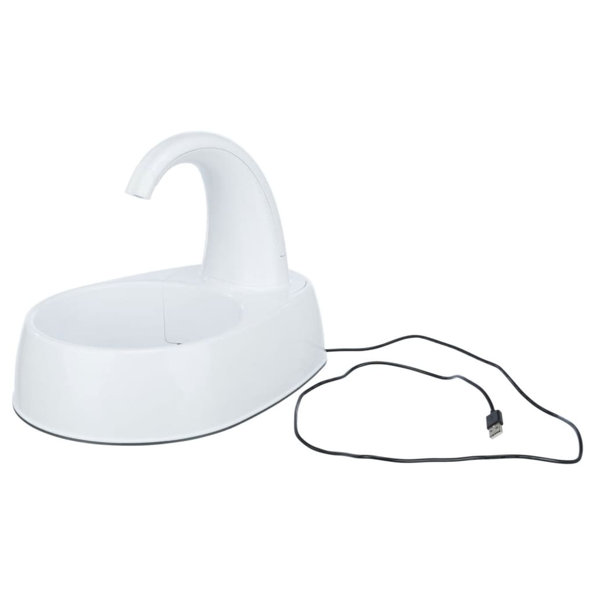 Una fontana per gatti bianca con cavo USB nero.