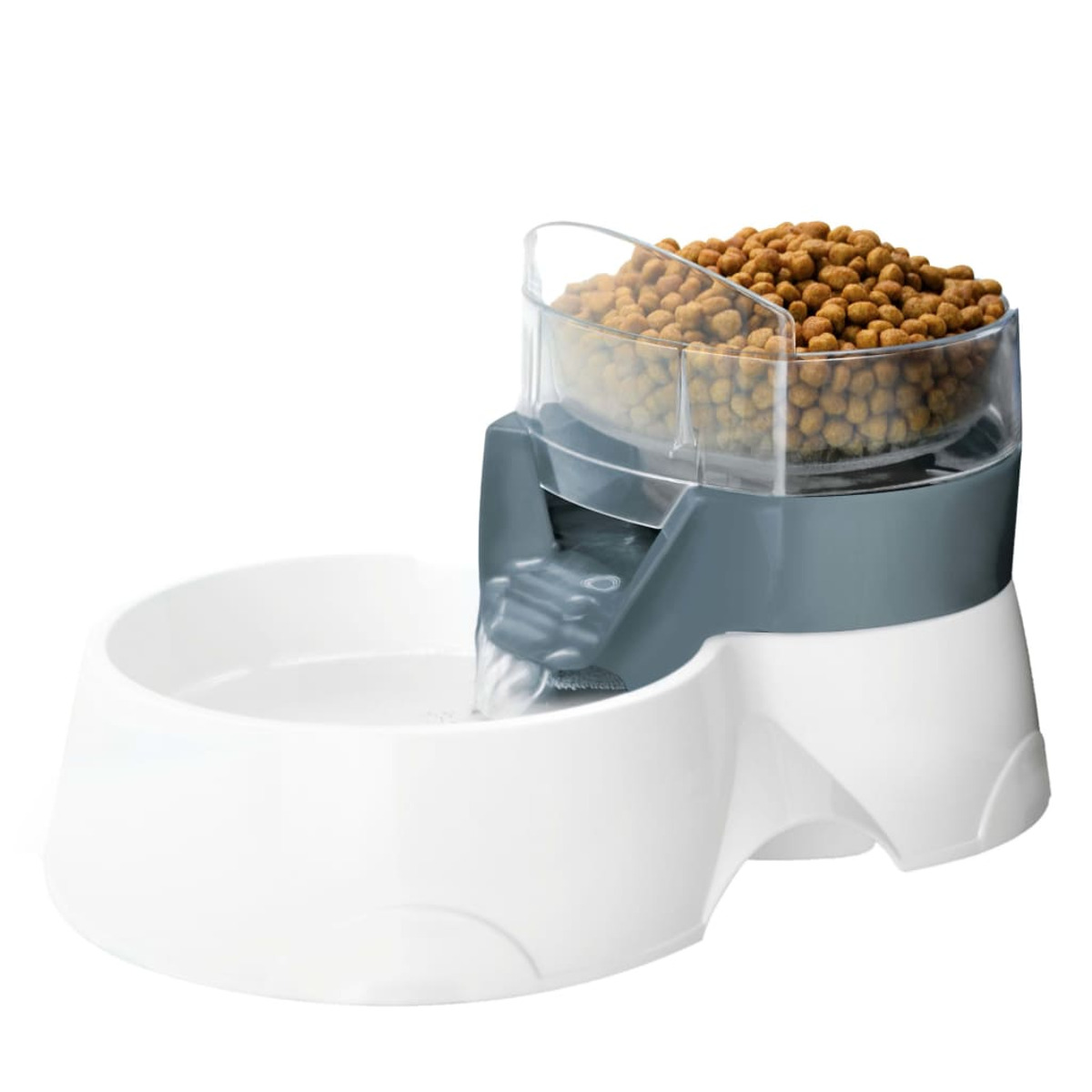 Ein weiß-grauer Futter- und Wasserspender für Haustiere. Der Spender hat Futter- und Wasserbereiche.