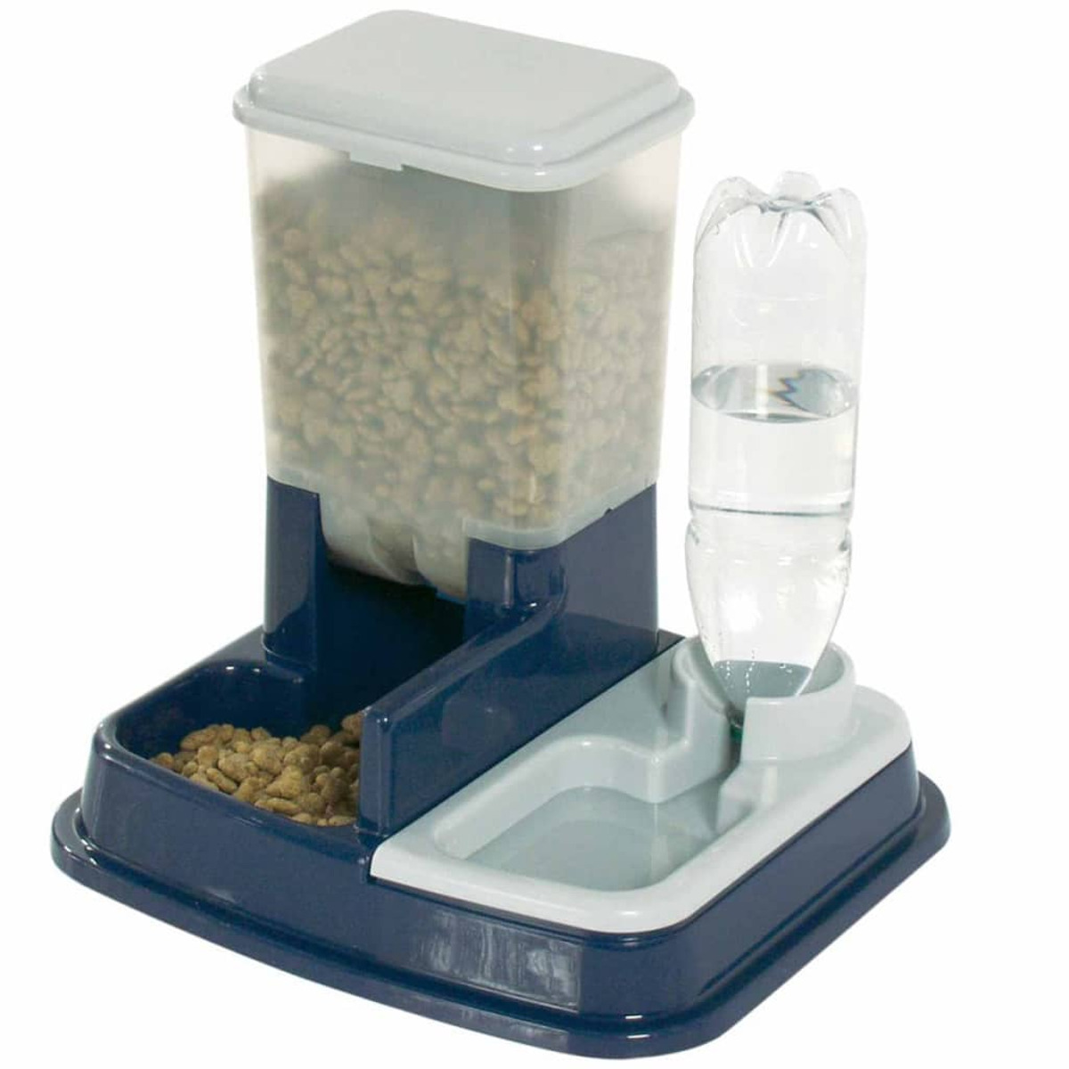 Mangiatoia per animali con dispenser di cibo e acqua, blu e grigio.