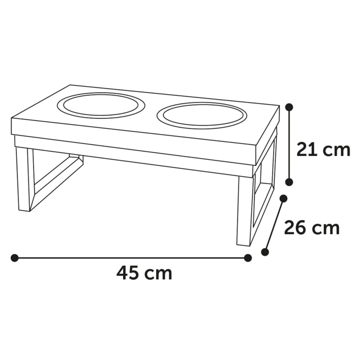 Un supporto in legno per cibo per animali domestici con due aperture circolari. Dimensioni: 45 cm di lunghezza, 26 cm di altezza e 21 cm di profondità.