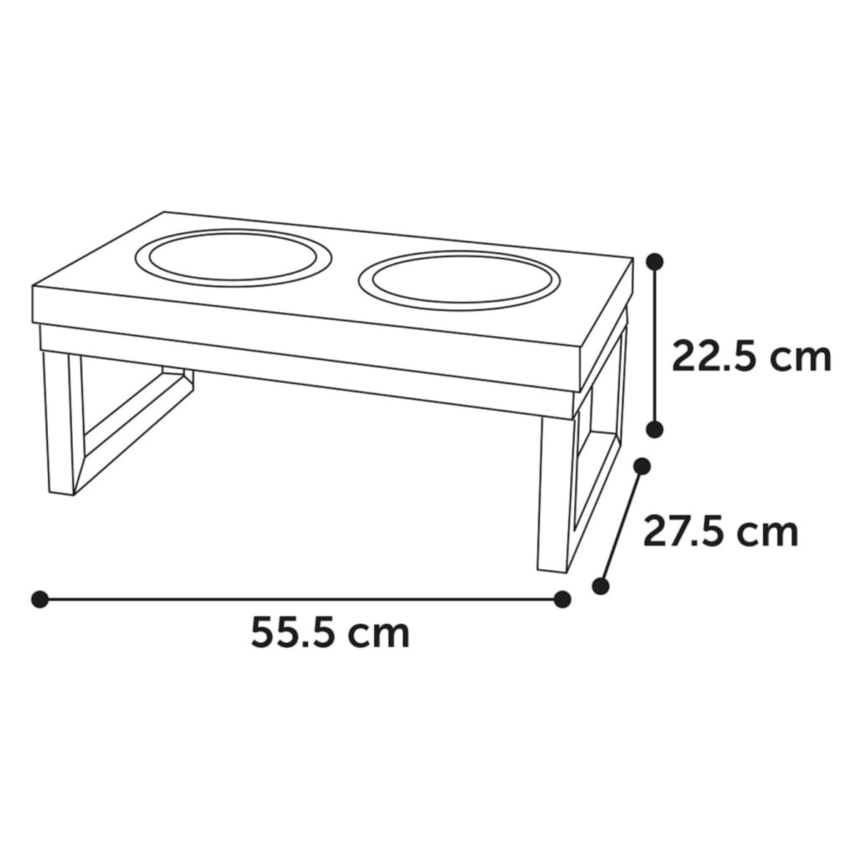 Ein hölzerner Futternapf-Ständer mit zwei Schalen und Maßangaben in cm.