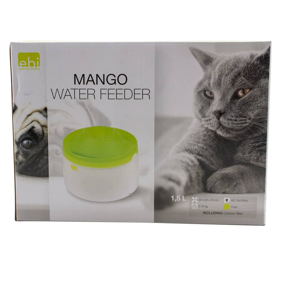Karton mit einem Wasserautomaten. Der Text auf der Box lautet 'Mango Water Feeder' mit einer Katze und einem Hund.