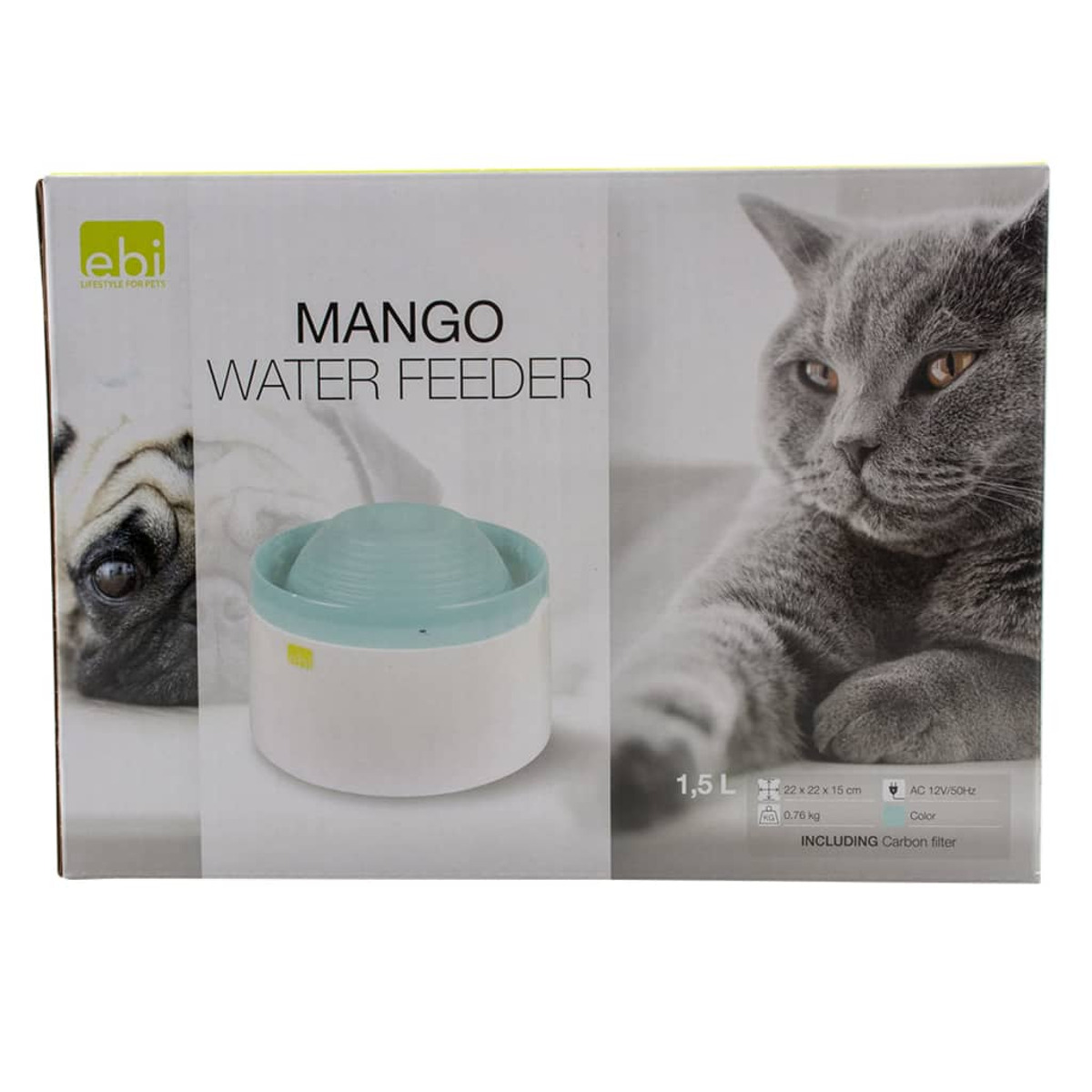 Katzen- und Hundefutterbehälter auf weißem Hintergrund. Der Behälter ist weiß mit blauem Deckel.