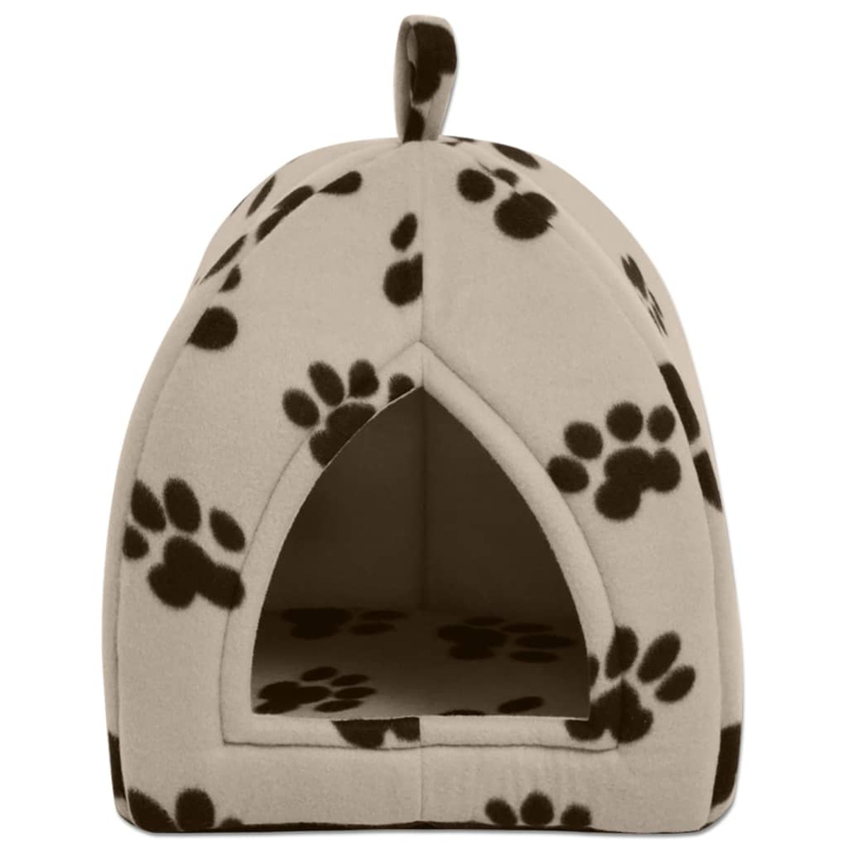 Ein Hundebett mit Pfotenabdrücken. Es ist beige mit dunkelbraunen Pfotenabdrücken.